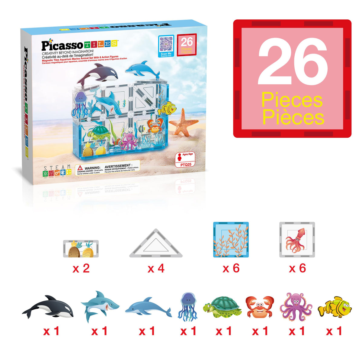 PicassoTiles 26 Piece Magnetic Tiles, Ocean Marine World STEM Set Ages 3+