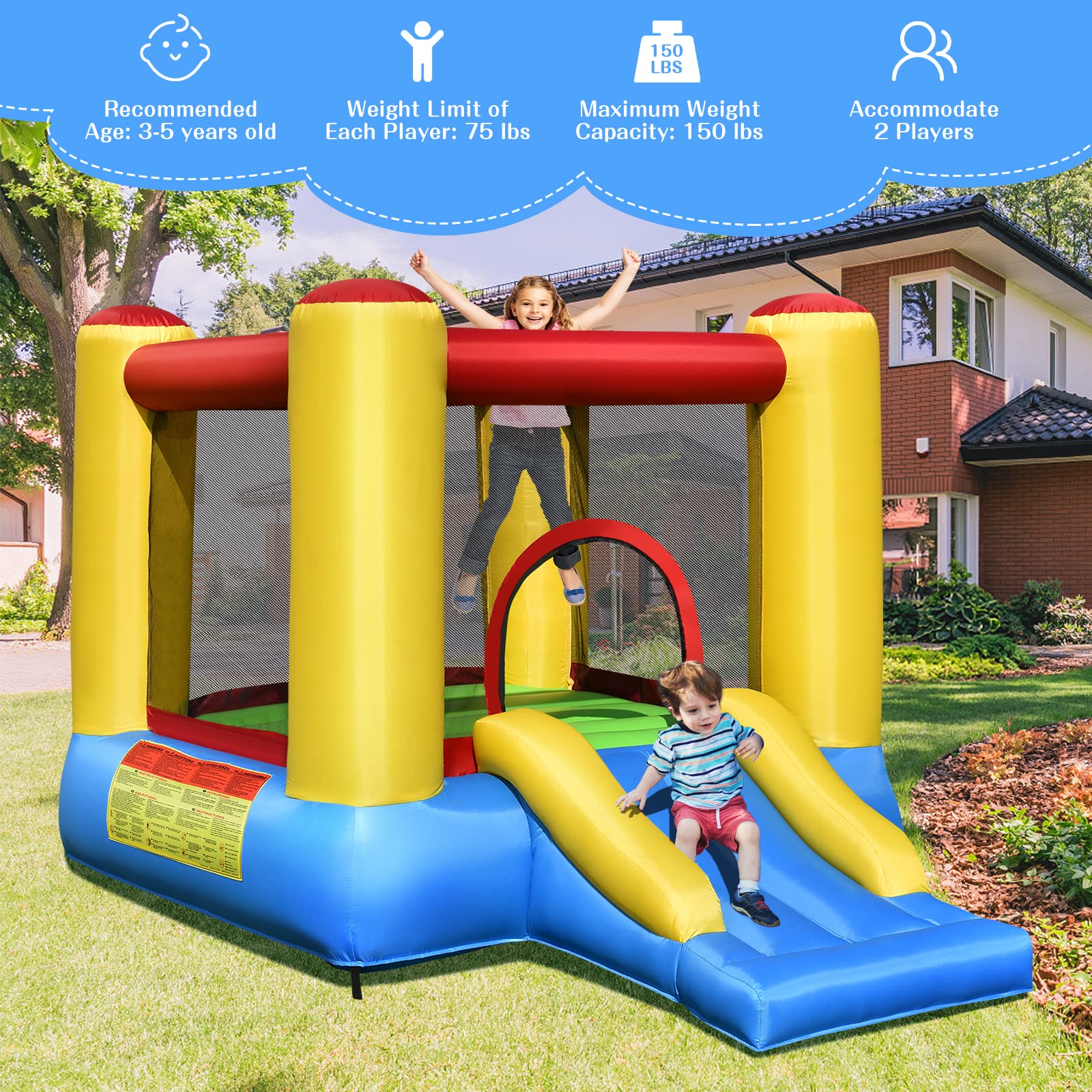 OLAKIDS Inflatable Bounce House, Jumping Castle with Slide, Bouncing Area, Polyester Mesh, Basketball Rim, Indoor Outdoor Bouncy House with Carrying
