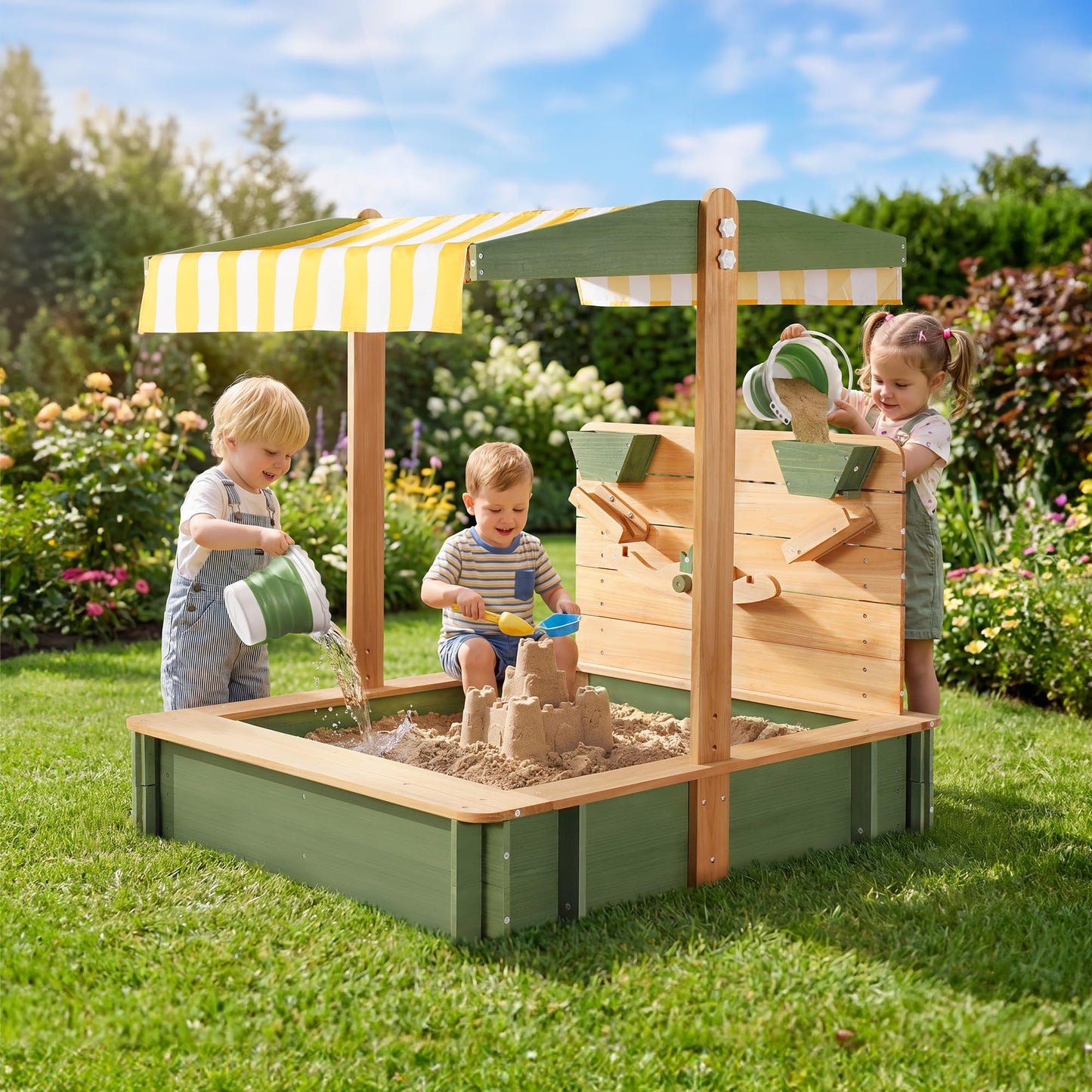 ROBOTIME Kids Wooden Sandbox with Canopy, Cover & Sand Play Accessories