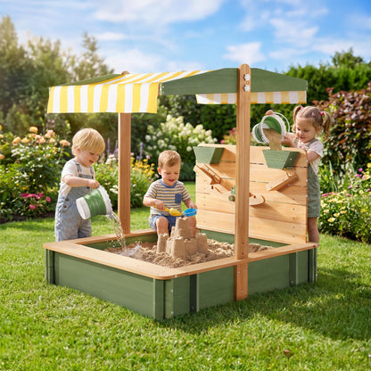 ROBOTIME Kids Wooden Sandbox with Canopy, Cover & Sand Play Accessories
