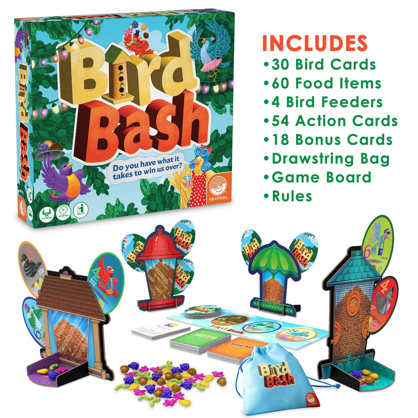 MindWare Bird Bash Family Board Game for 2-4 Players - Easy to Learn and Play in 40 Minutes - Earn Points with Action Cards - Fun Kid Board Games