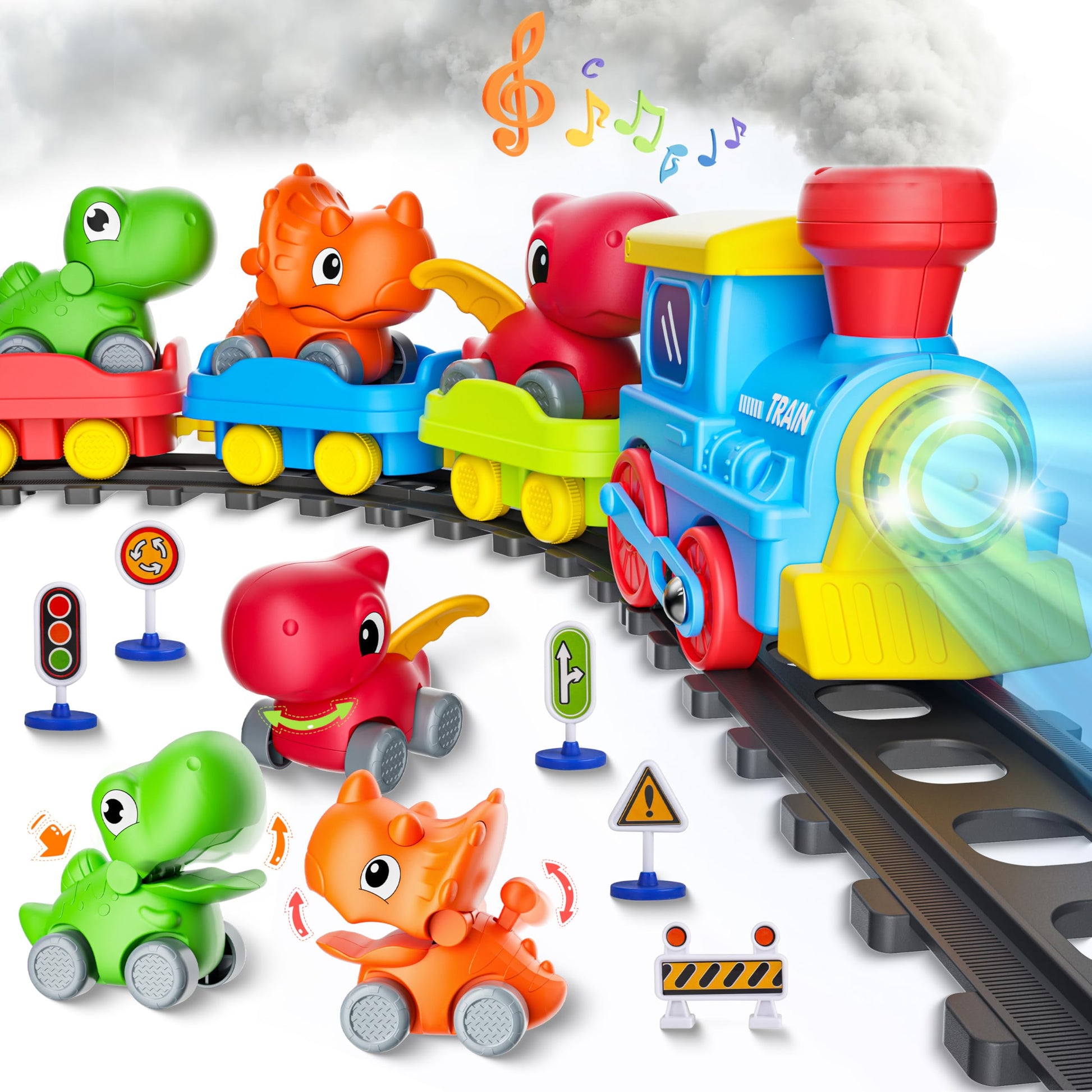 Train Set for Toddlers with Steam, Music, Lights and 3 Dinosaur Cars