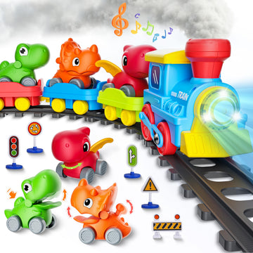 Train Set for Toddlers with Steam, Music, Lights and 3 Dinosaur Cars