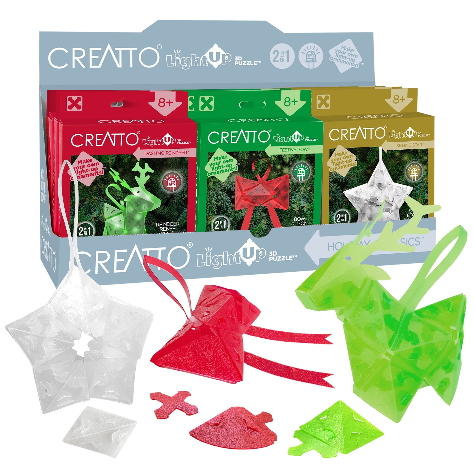 Creatto Holiday Classics - Dashing Reindeer, Shining Star, Festive Bow Light-Up 3D Puzzle Kits | 12-piece Gift Set | Party Favors, Stocking Stuffers