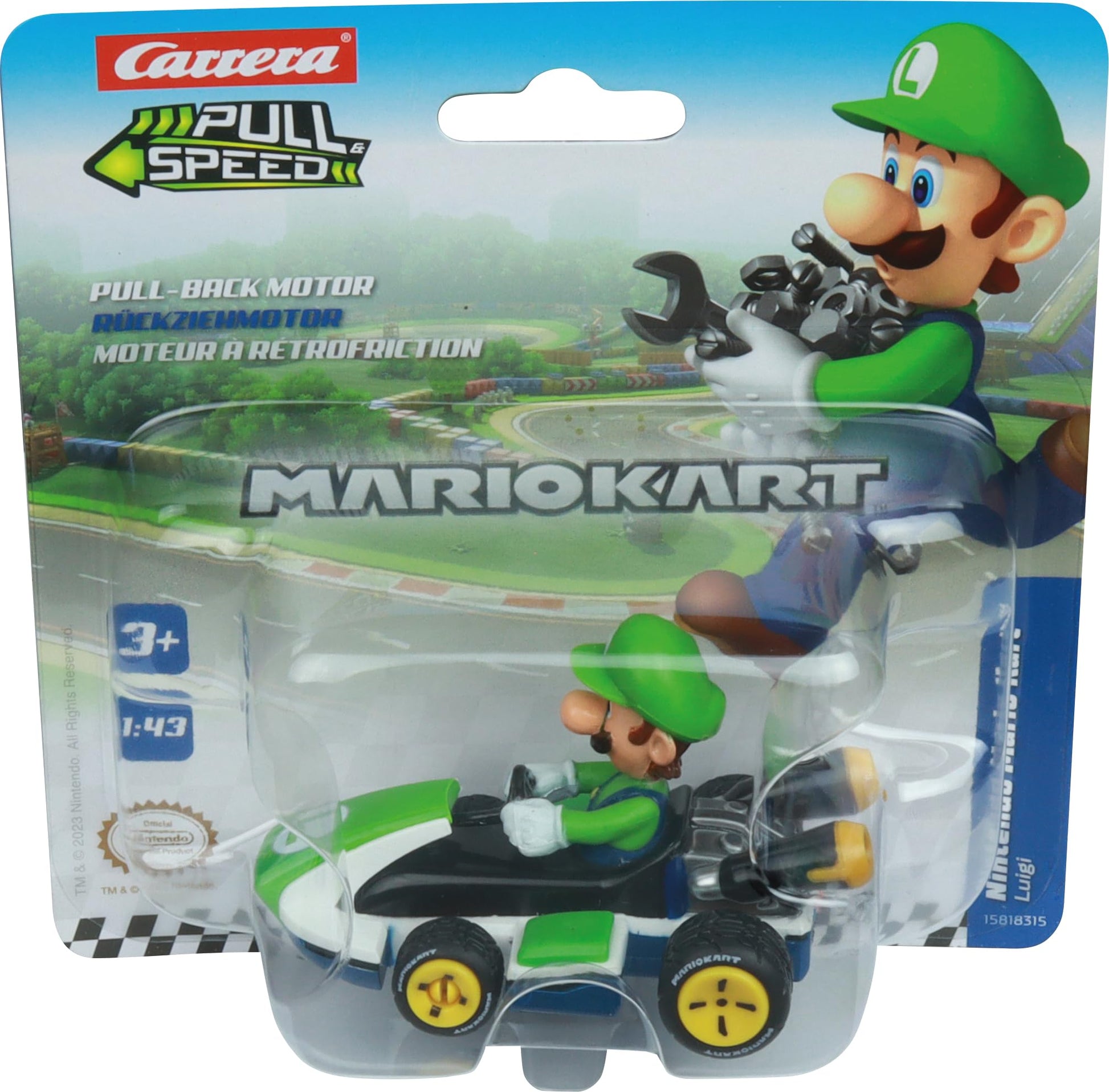 Carrera Pull & Speed 15818405 Official Licensed Kids Mario Kart Toy Car Pull Back Vehicle for Ages 3 and Up - Luigi