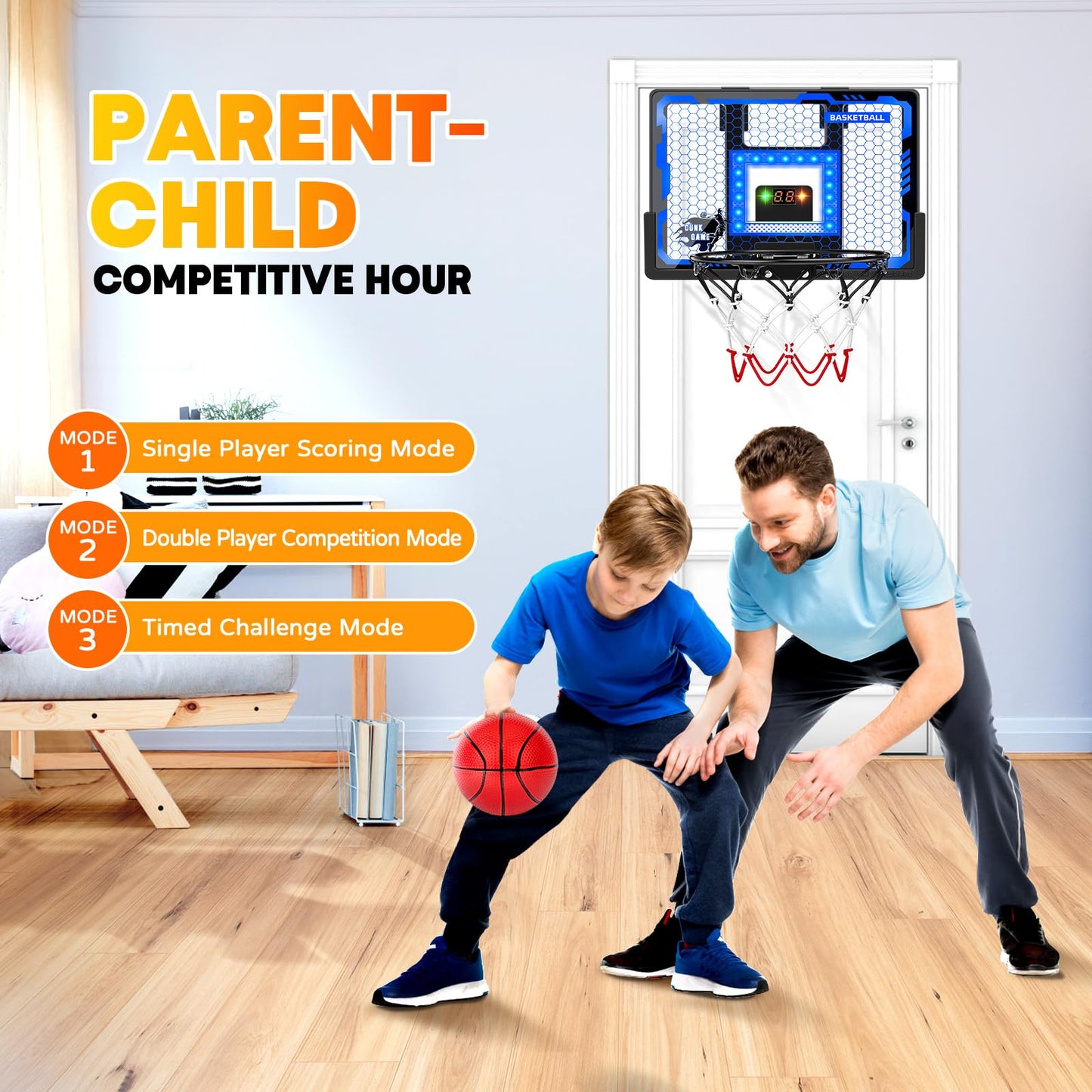 Indoor Basketball Hoop Pro for Kids, Over The Door Basketball Hoop with LED Light/Scoreboard/4 Balls- Upgraded Anti-Impact Backboard, Basketball Toys