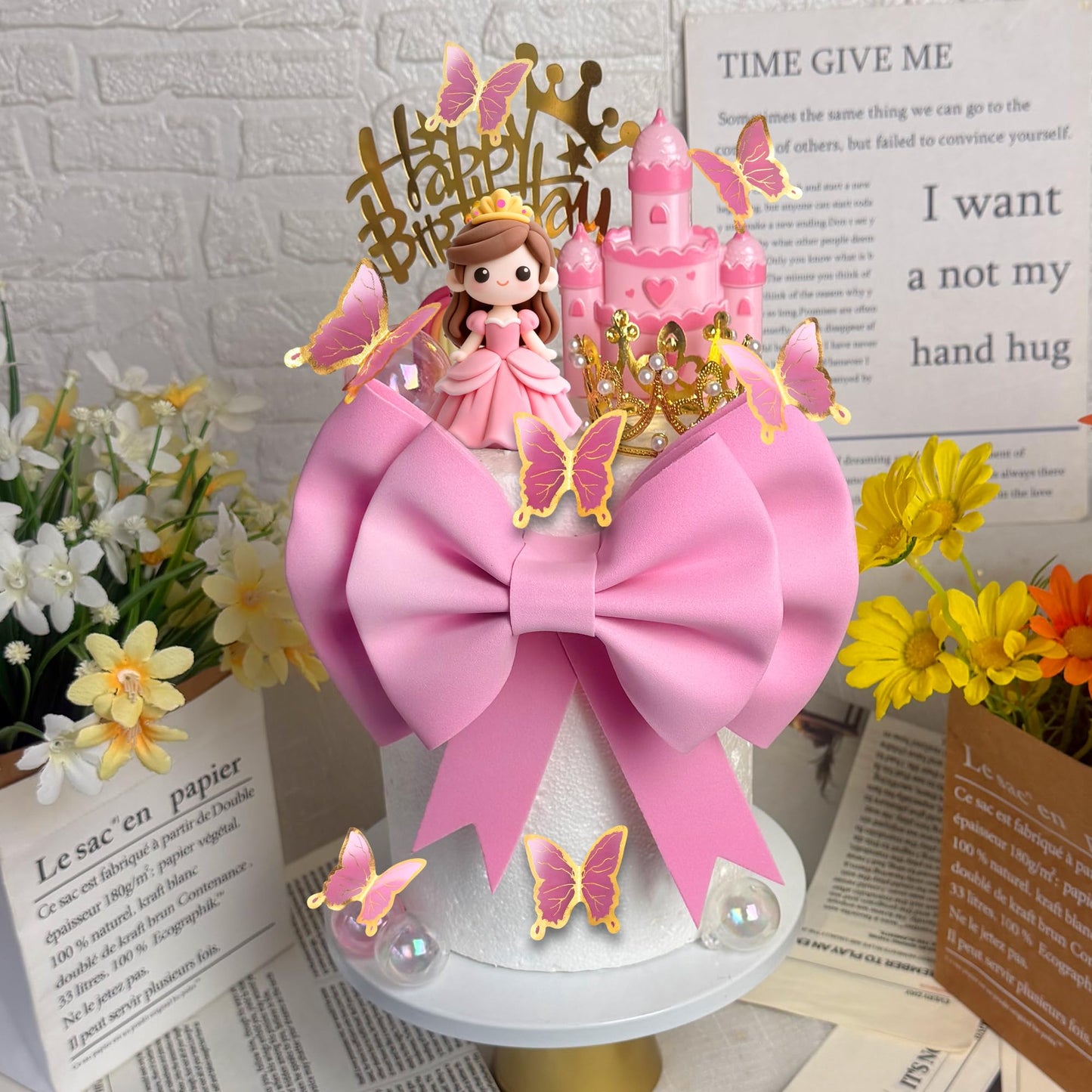 Princess Cake Toppers Castle Cake Decorations with Bows Butterflies Balls Rainbow for Princess Themes Birthday