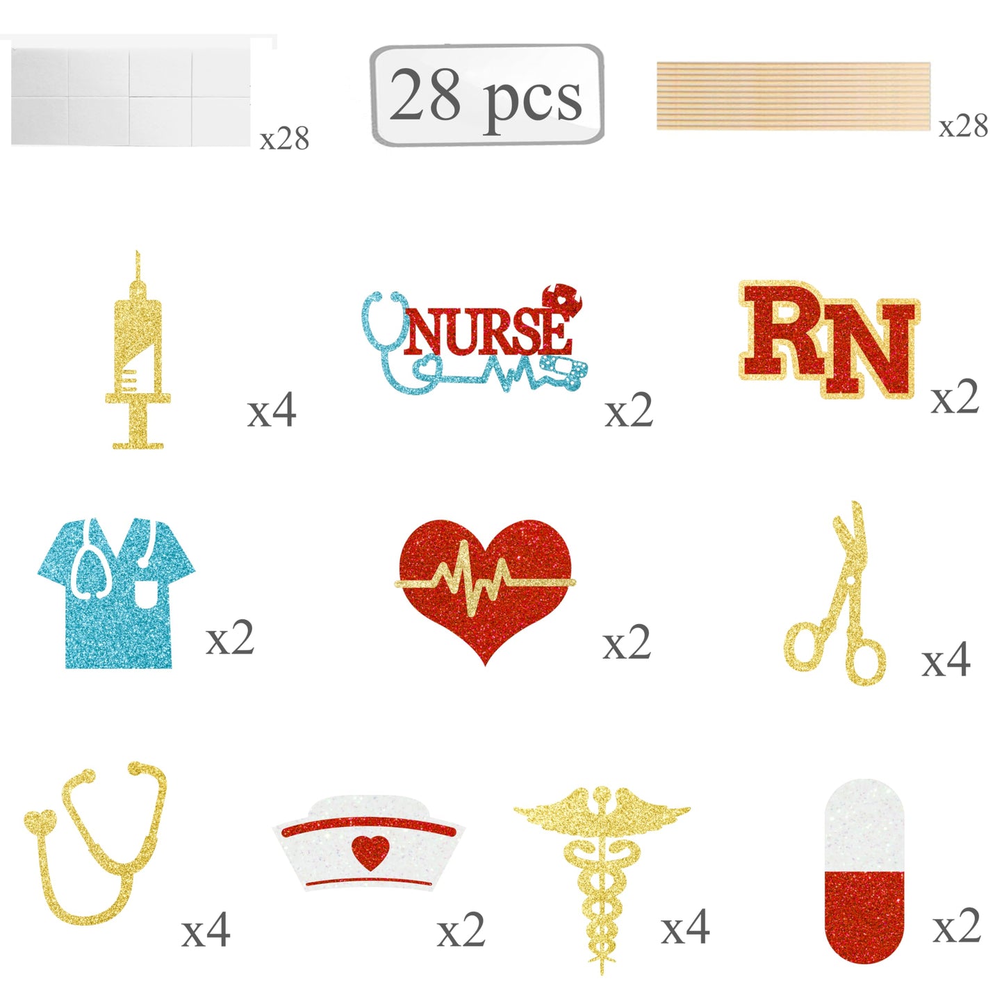 28Pcs Nurse Party Centerpiece Sticks Nurse Graduation Decorations Glitter Nursing School Graduation Table Centerpieces for Nurse Grad Party Medical RN