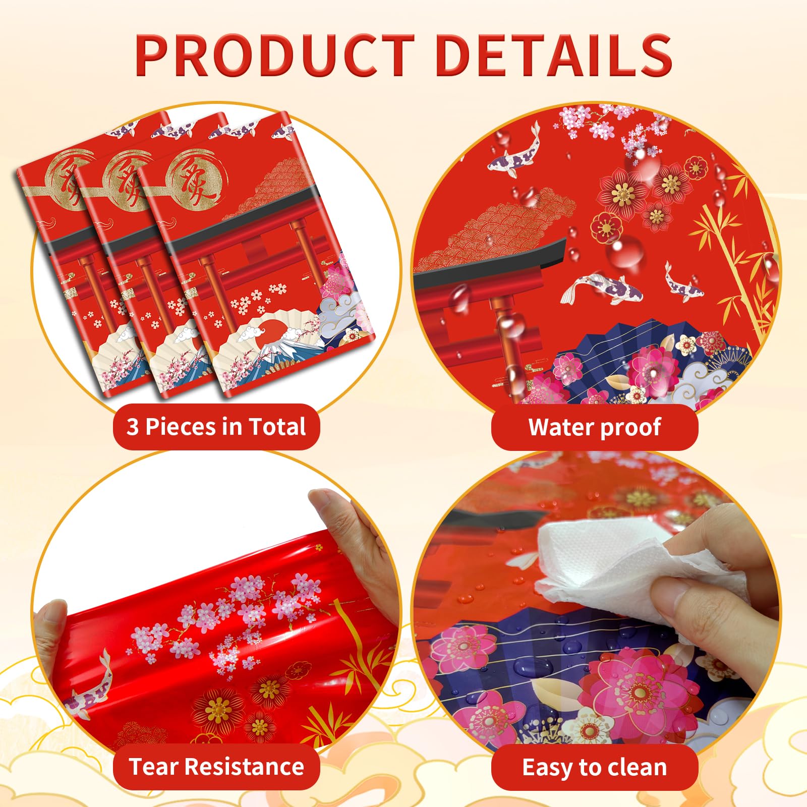 MYFEST 3 PCS Hibachi Party Decorations Hibachi Table Cloth 108x54 inches, Disposable Waterproof Japanese Tablecloth for Hibachi Decorations and Asian