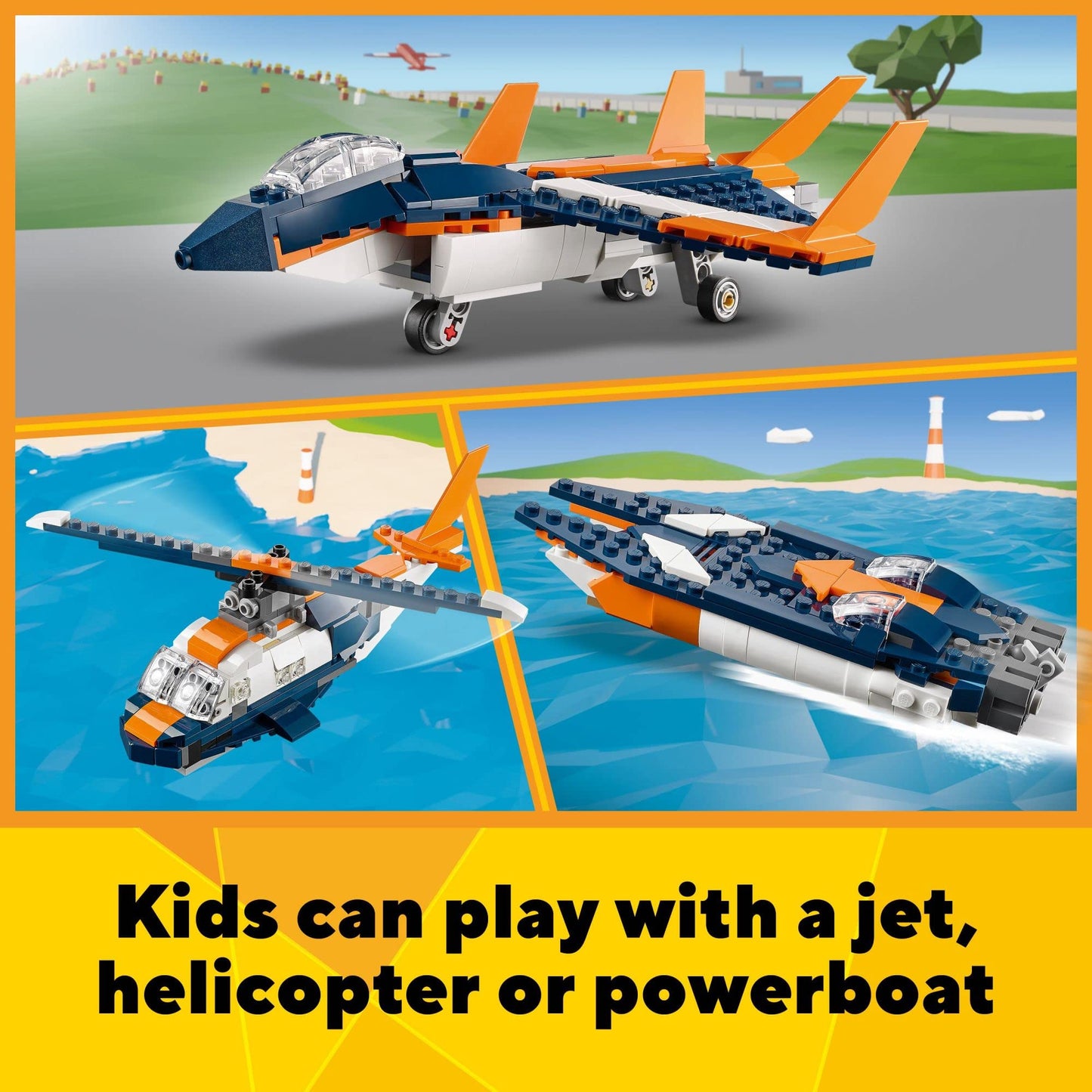 LEGO Creator 3 in 1 Supersonic Jet Plane Toy Set, Transforms from Plane to Helicopter to Speed Boat Toy, Buildable Vehicle Models for Kids, Boys