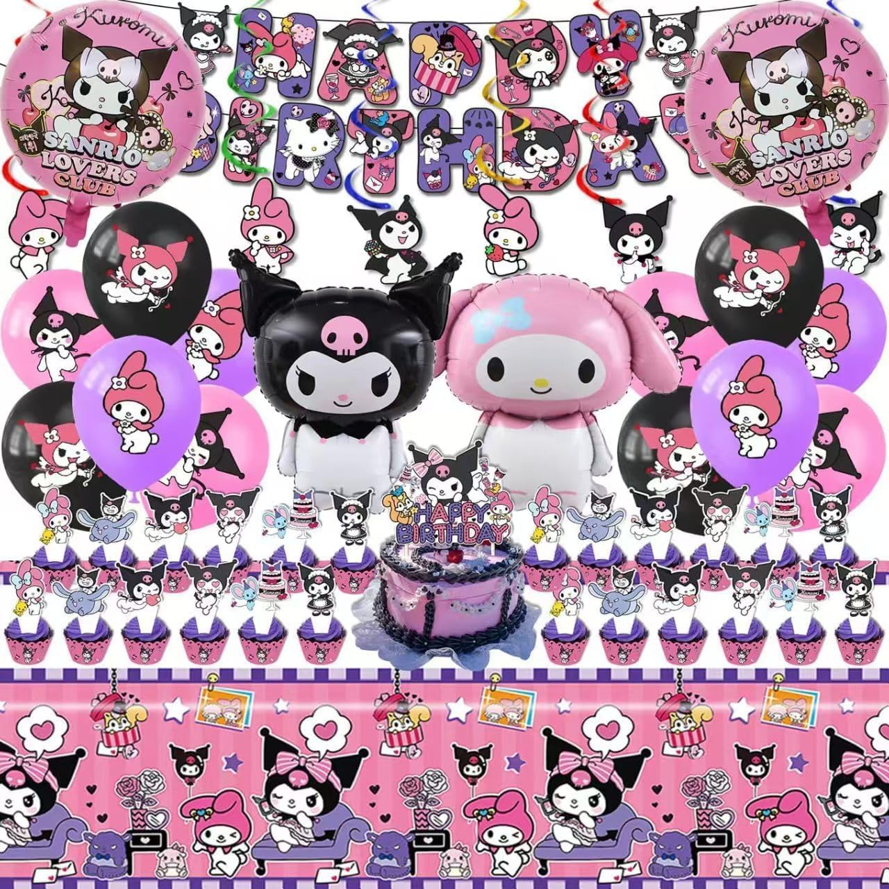 HANISNA 52PCS Kuromi Birthday Party Supplies, Party Decorations Set Include Banner, Balloons, Hanging Swirls, Cake Cupcake Toppers, Tablecloth