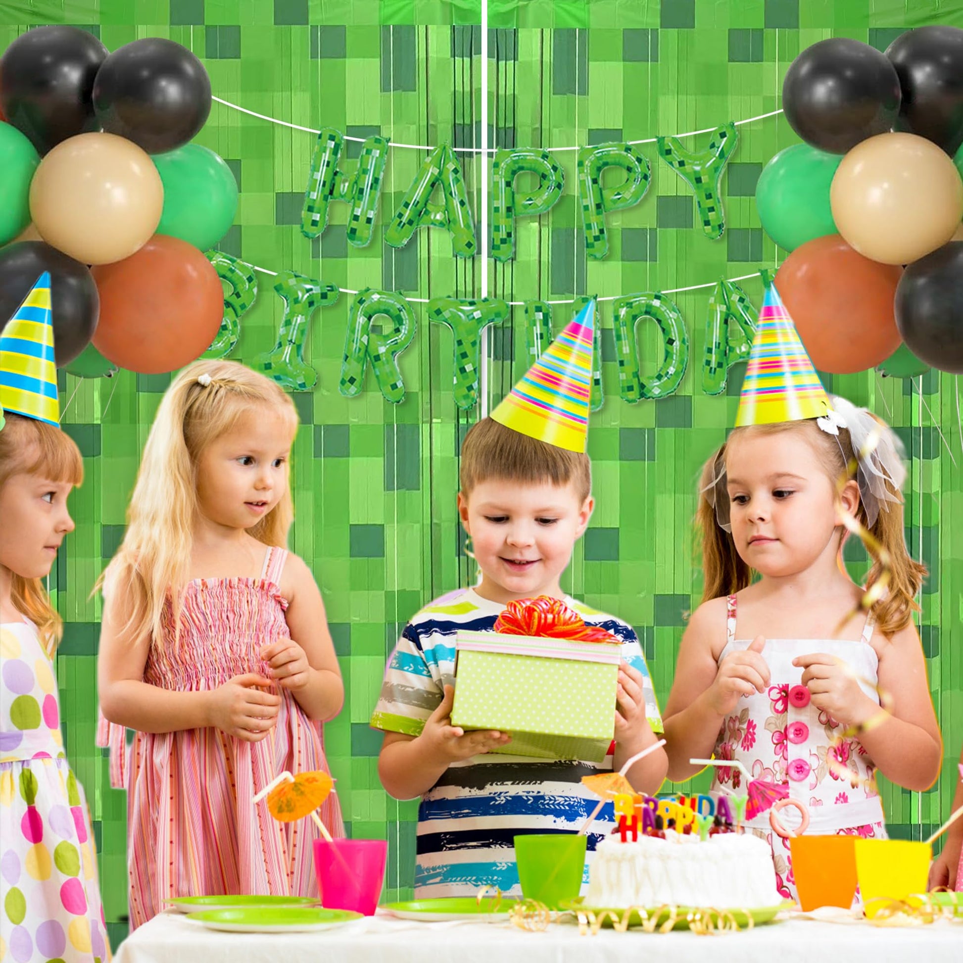 Green Pixel Miner Foil Fringe Curtains - 2 Pack 3.3x6.6ft Metallic Video Game Birthday Photo Booth Backdrop, Door Streamers for Gamer Party