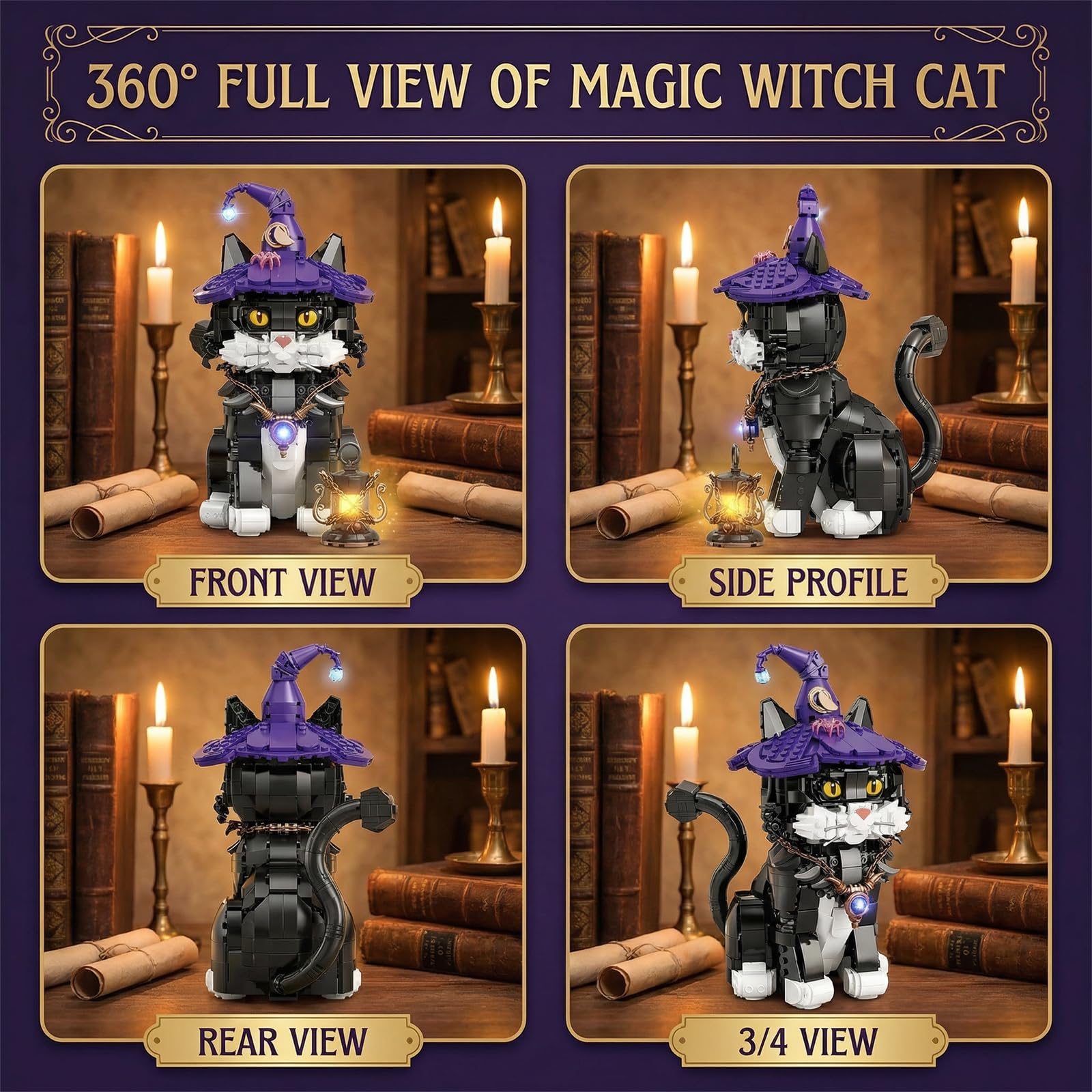 LANGLICHUN Magic Wizard Cat Building Block Set Pieces Unique Animal Cat Model Adults for Teena Creative Collectible Gift Home Office Decor Halloween
