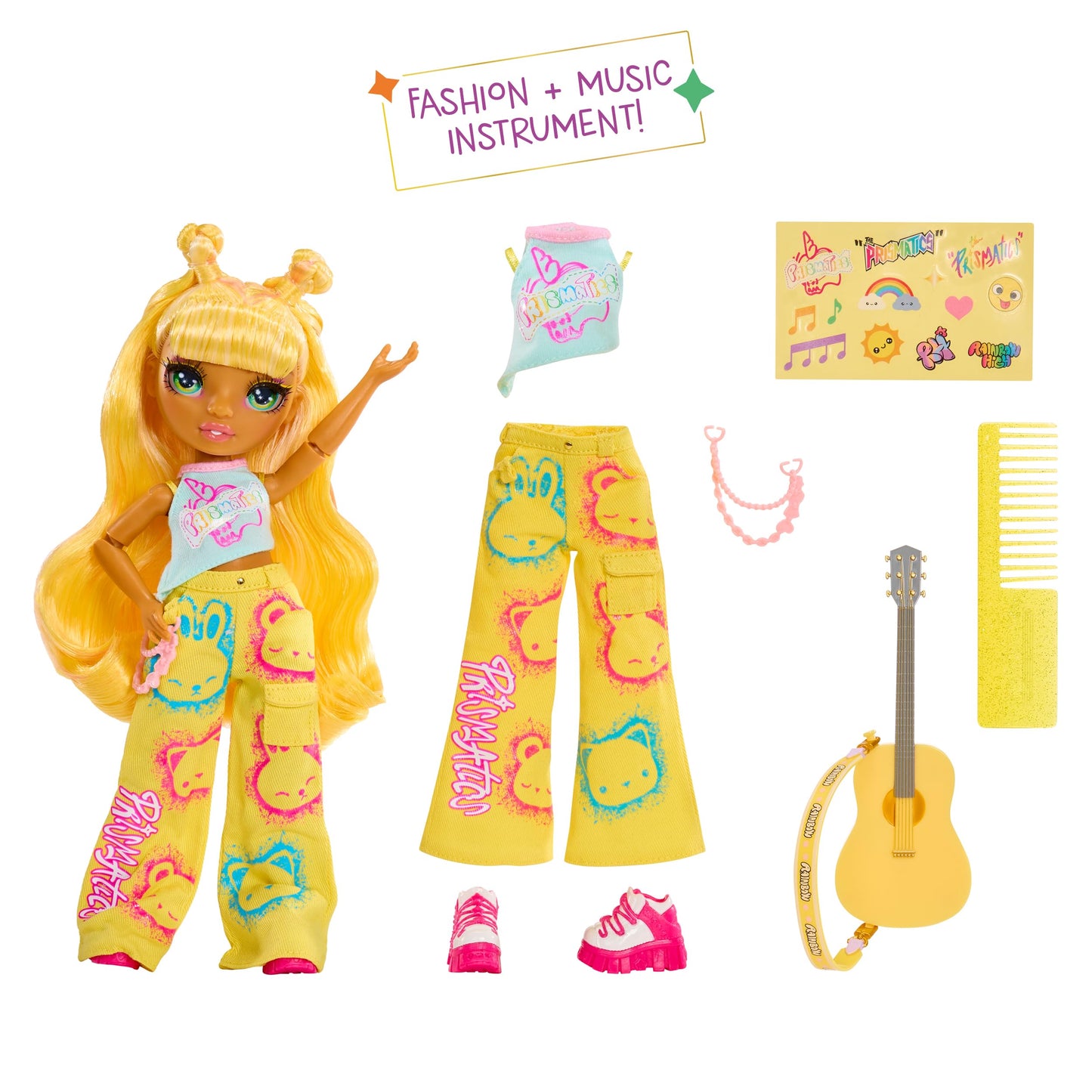 Rainbow High Jr High Rock Band - Sunny, Yellow 9” Fashion Doll with Guitar, Customize with Stickers, Posable, Great Toy Gift for Kids Ages 4+