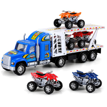 Liberty Imports Auto Hauler Big Rig Toy Semi Truck Car Carrier Transporter Trailer 1:48 Scale Friction Powered Wheeler Vehicle with 4 ATVs Dirt Bike