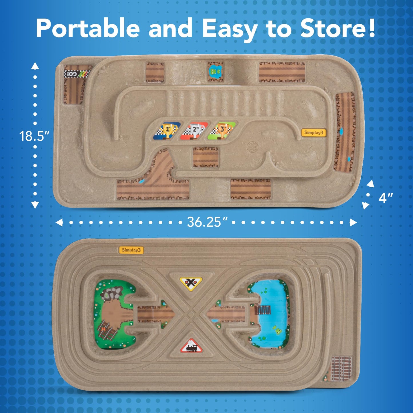 Simplay3 Portable Carry and Go Kids Race Track Toy Car Train Table, 2-Sided No Assembly for Children 3 4 5 6 7 Years Old Boys Girls, Made in USA