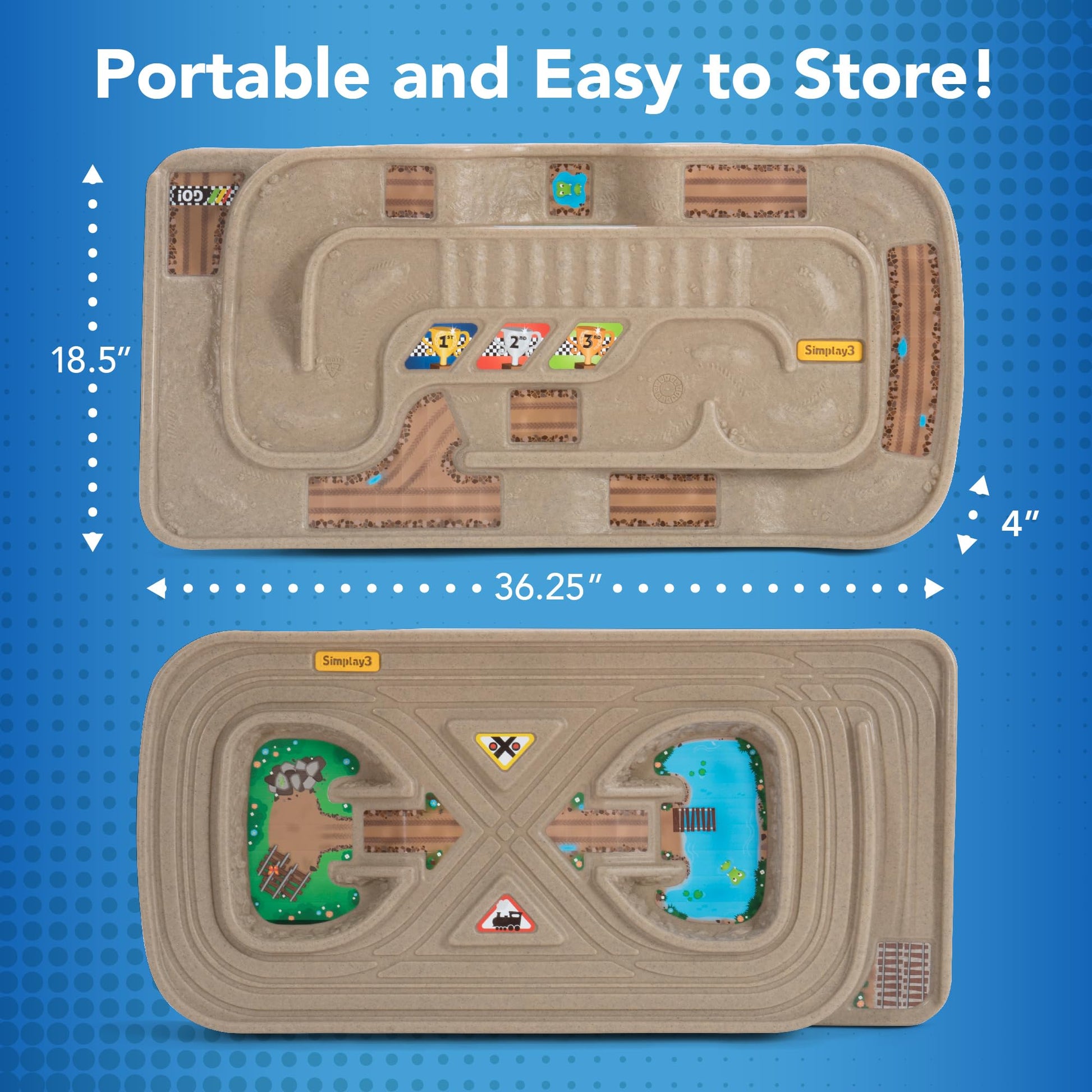 Simplay3 Portable Carry and Go Kids Race Track Toy Car Train Table, 2-Sided No Assembly for Children 3 4 5 6 7 Years Old Boys Girls, Made in USA