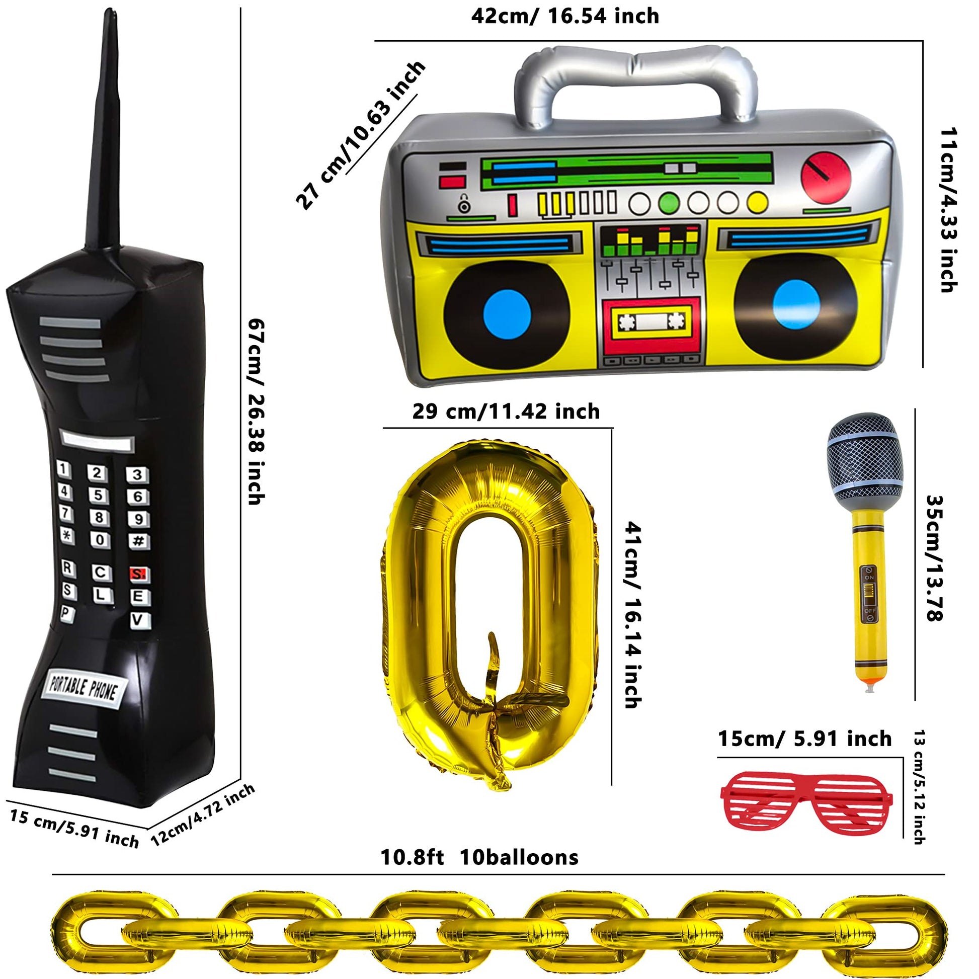 Cagemoga 20 Packs Inflatable Radio Boombox Inflatable Mobile Phone Inflatable Microphone 16 Inch Gold Foil Chain Balloons for 80s 90s Rappers Hip Hop