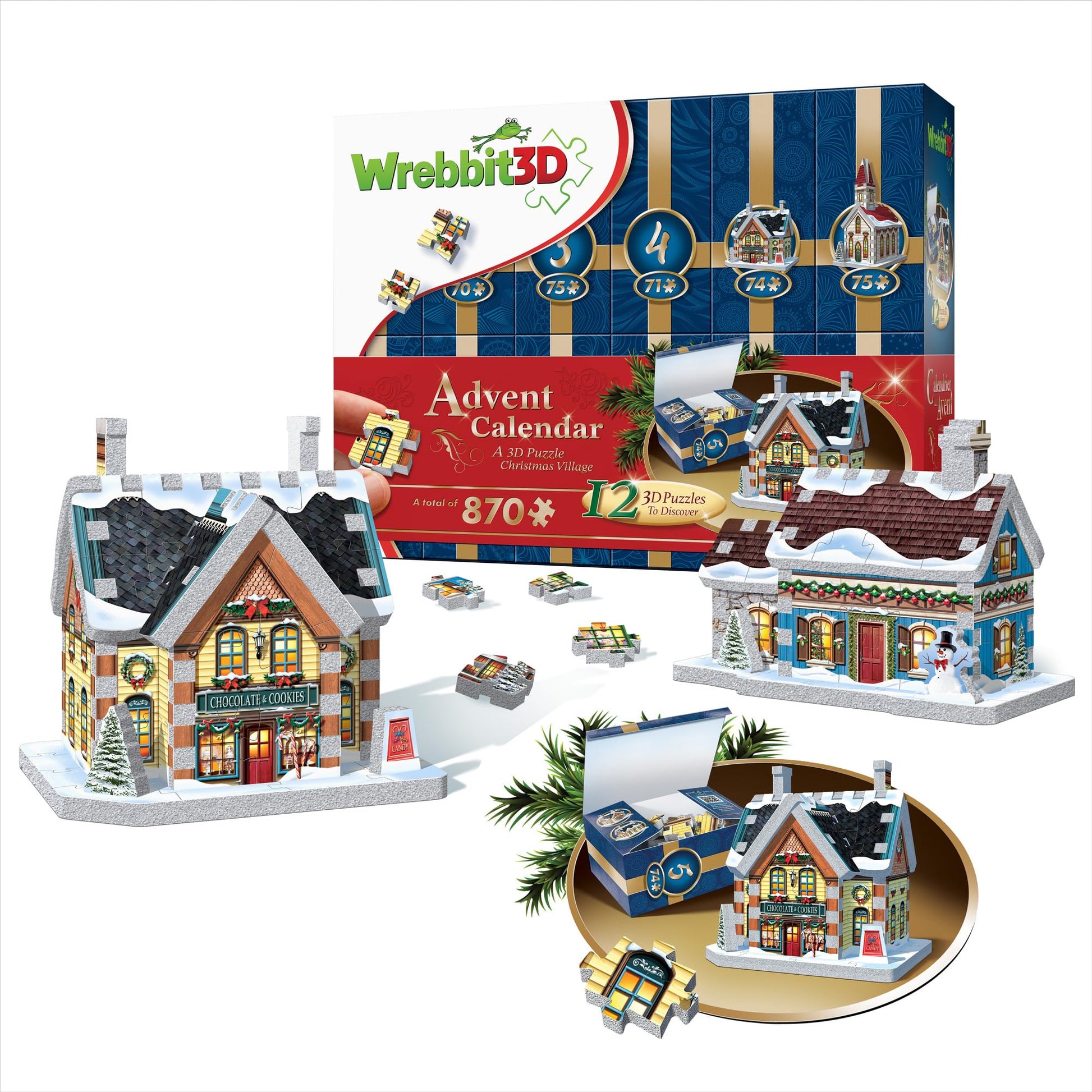 Wrebbit3D Advent Calendar 3D Puzzle | Discover and Build Charming Houses for an Everlasting Holiday Display | 12 Individually Packed Puzzles (870