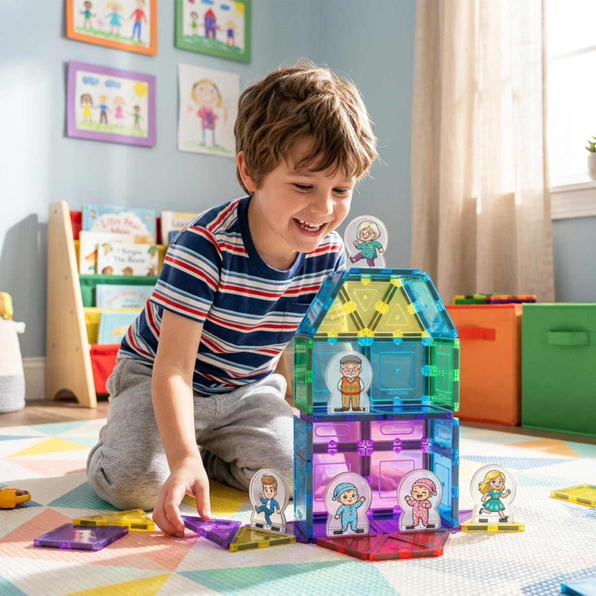 PicassoTiles 8pc Family Character Action Figures Accessory Add On Compatible with Magnet Tile Building Construction Sets STEM Pretend Play Educational