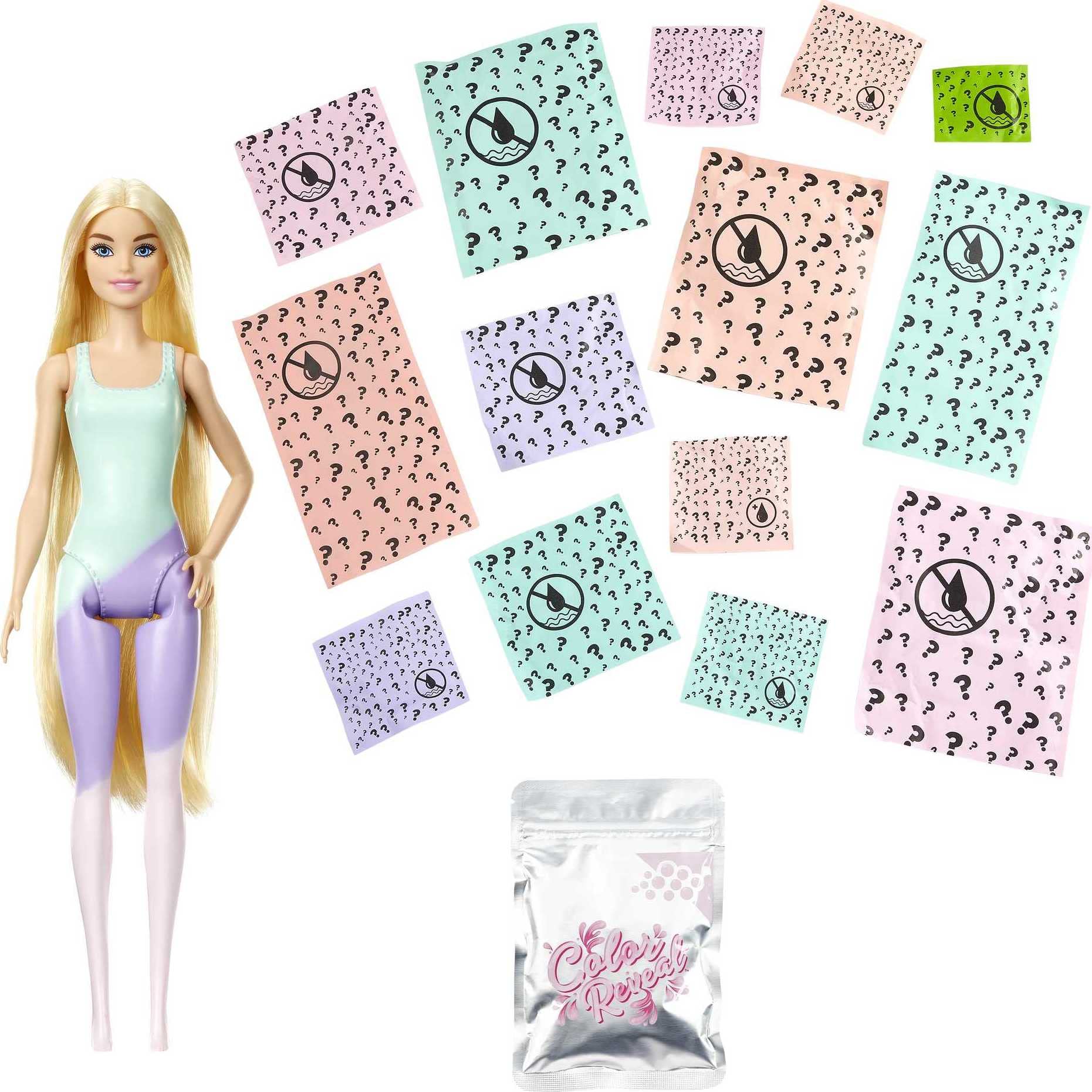 Barbie Color Reveal Sunshine and Sprinkles Doll & Accessories with 25 Surprises, Palm Tree Theme Including Water-Shower Umbrella & Color Change
