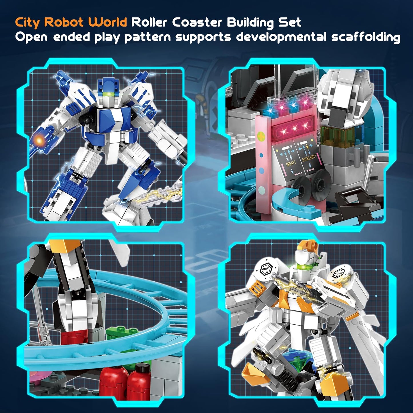 Robot Space Roller Coaster Building Toy for Kids,1293 Pieces Roller Coaster Amusement Park Block Building Set, Interactive Space Station Construction