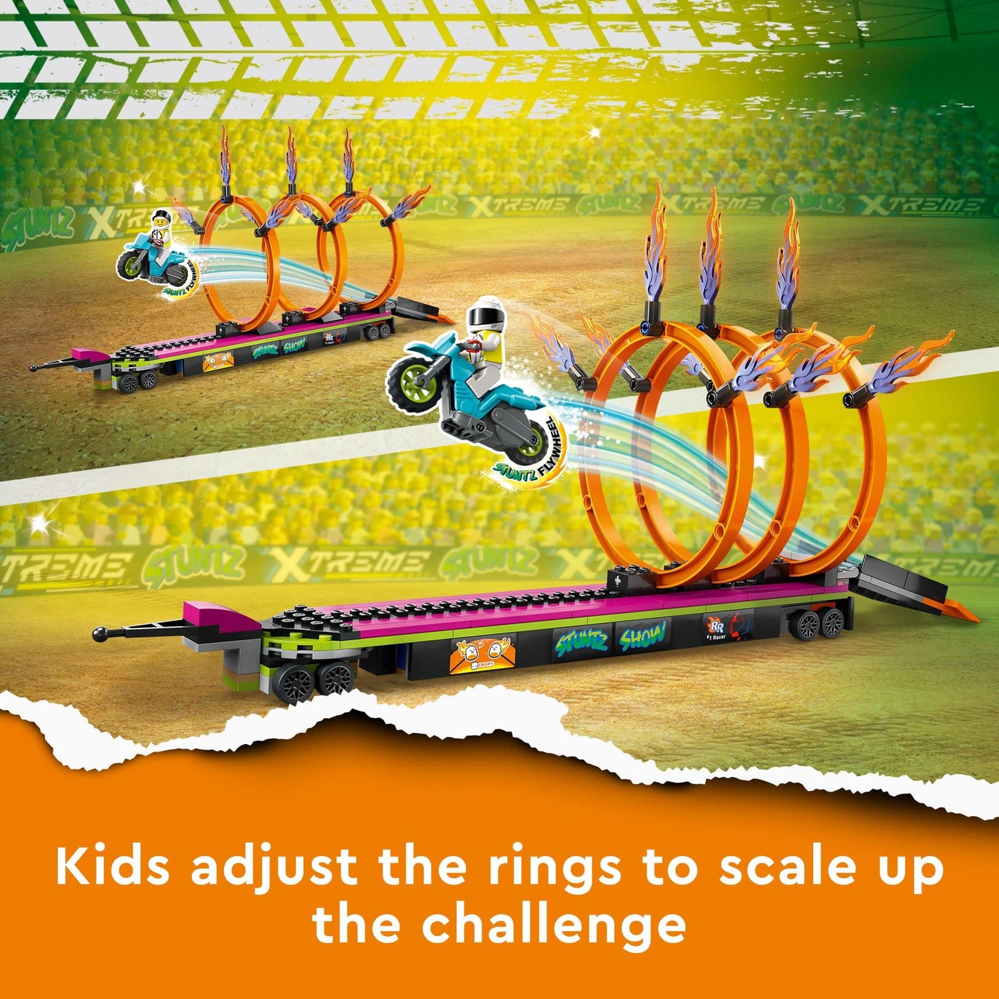 LEGO City Stuntz Stunt Truck & Ring of Fire Challenge 60357 with Flywheel-Powered Motorcycle Toy and Minifigures, Fun Gift for Kids Ages 6 Plus, 2023