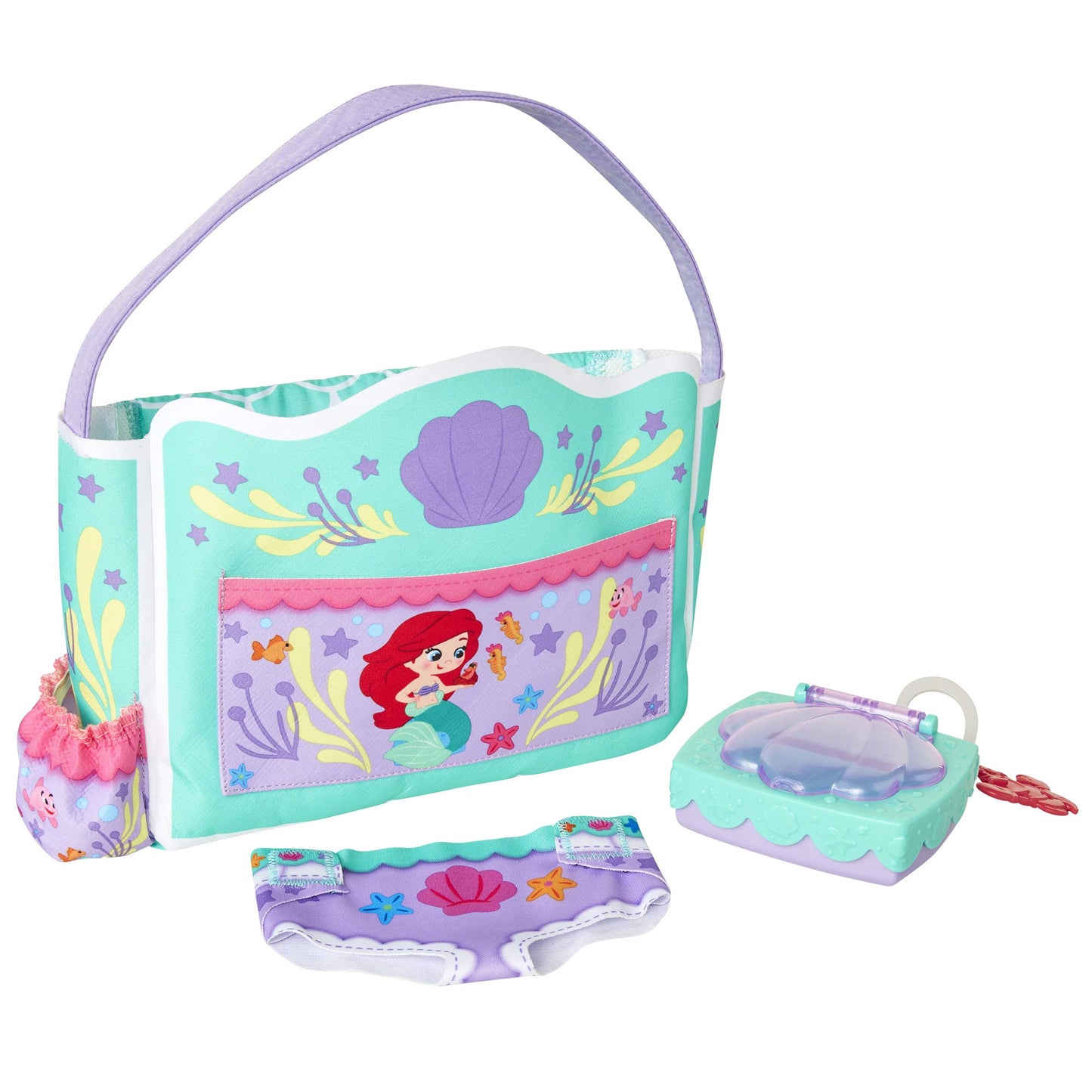 My Disney Nursery Baby Doll Accessories, Ariel Transforming 2-in-1 Diaper Bag & Changing Pad for Dolls Inspired by Disney The Little Mermaid! Pretend