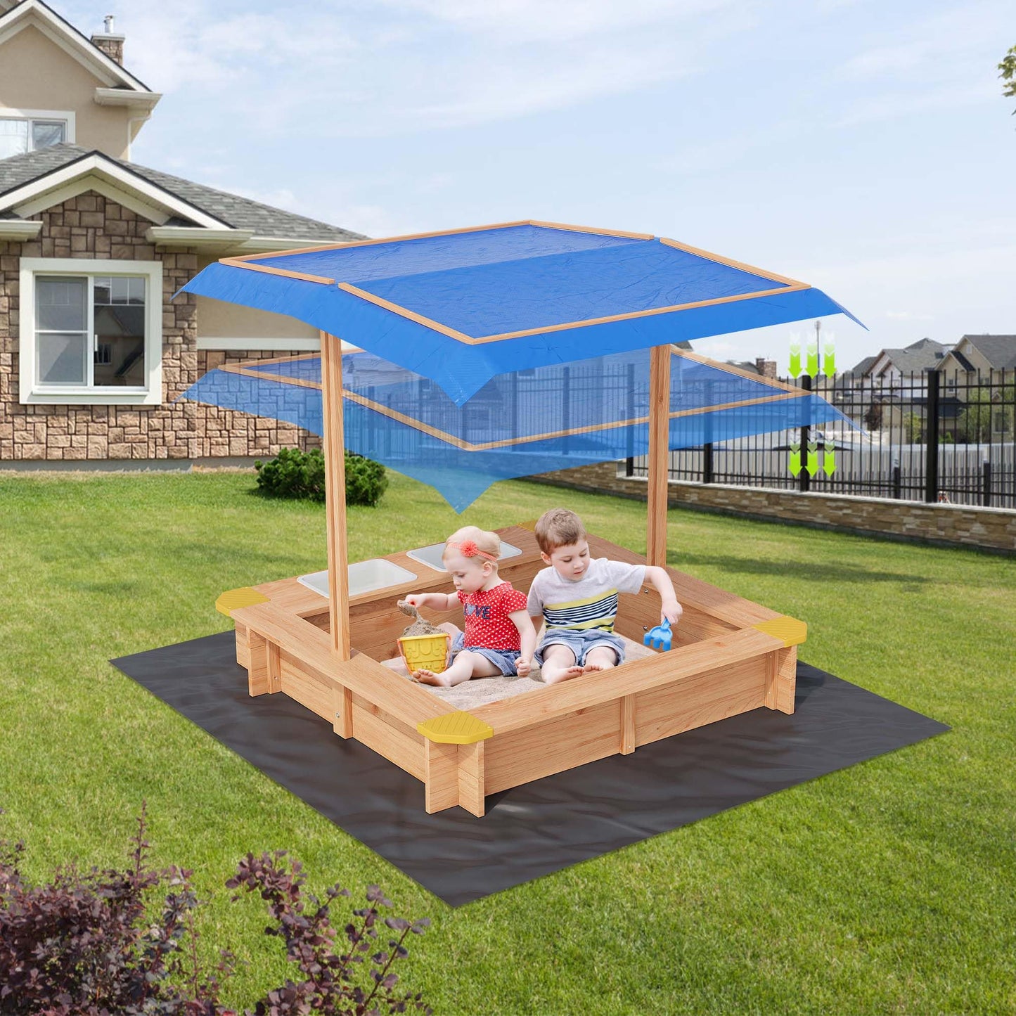 GarveeLife Wooden Sandbox with 2 Plastic Boxes, Outdoor Sand Box with Adjustable Canopy, Bottom Liner, Anti-Collision Design for Ages 3-8, Spacious