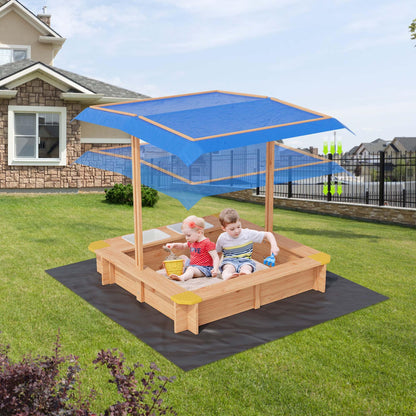 GarveeLife Wooden Sandbox with 2 Plastic Boxes, Outdoor Sand Box with Adjustable Canopy, Bottom Liner, Anti-Collision Design for Ages 3-8, Spacious
