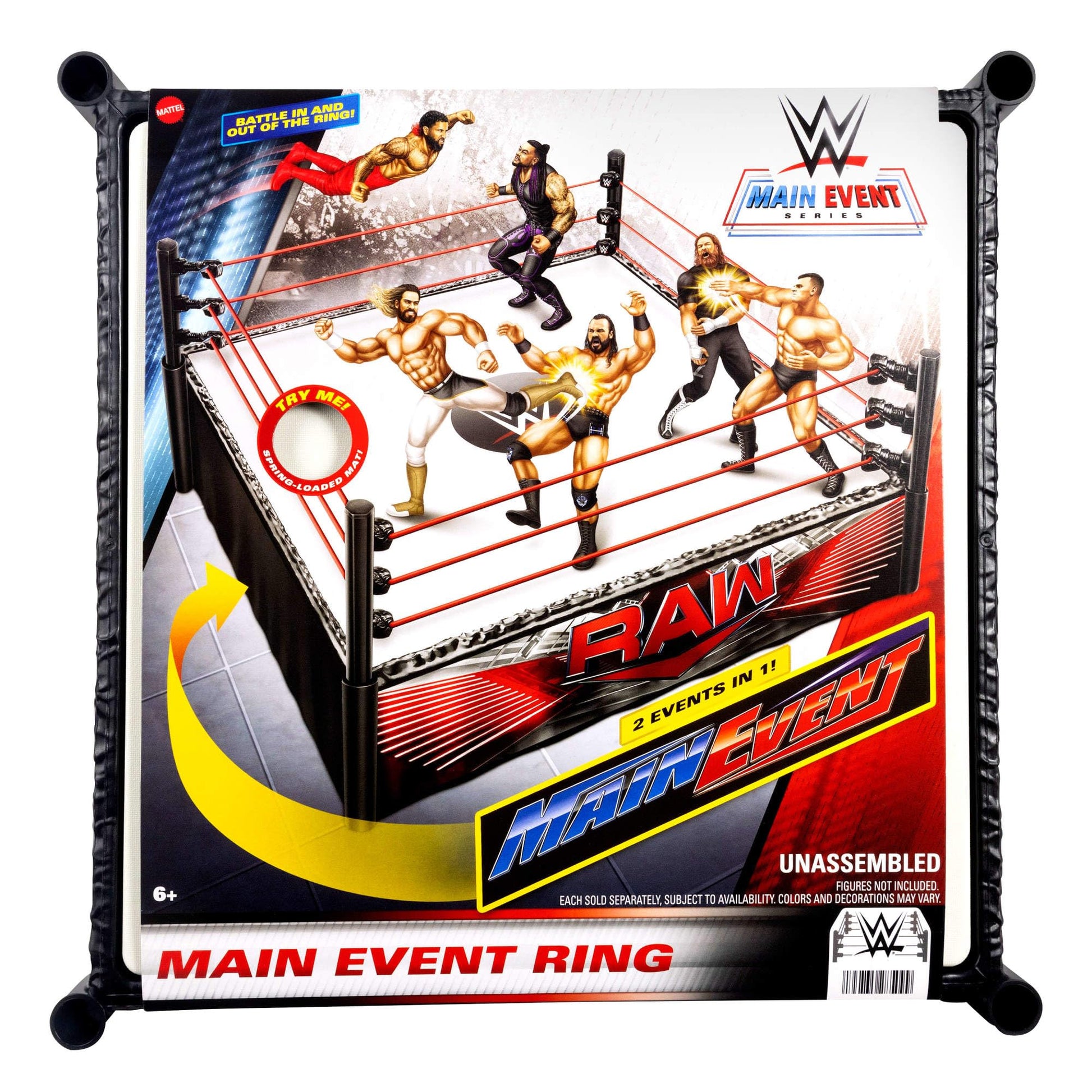 Mattel WWE Superstar Ring with Labels for Main Event & RAW, Spring-Loaded Mat & Pro Tension Elastic Ropes