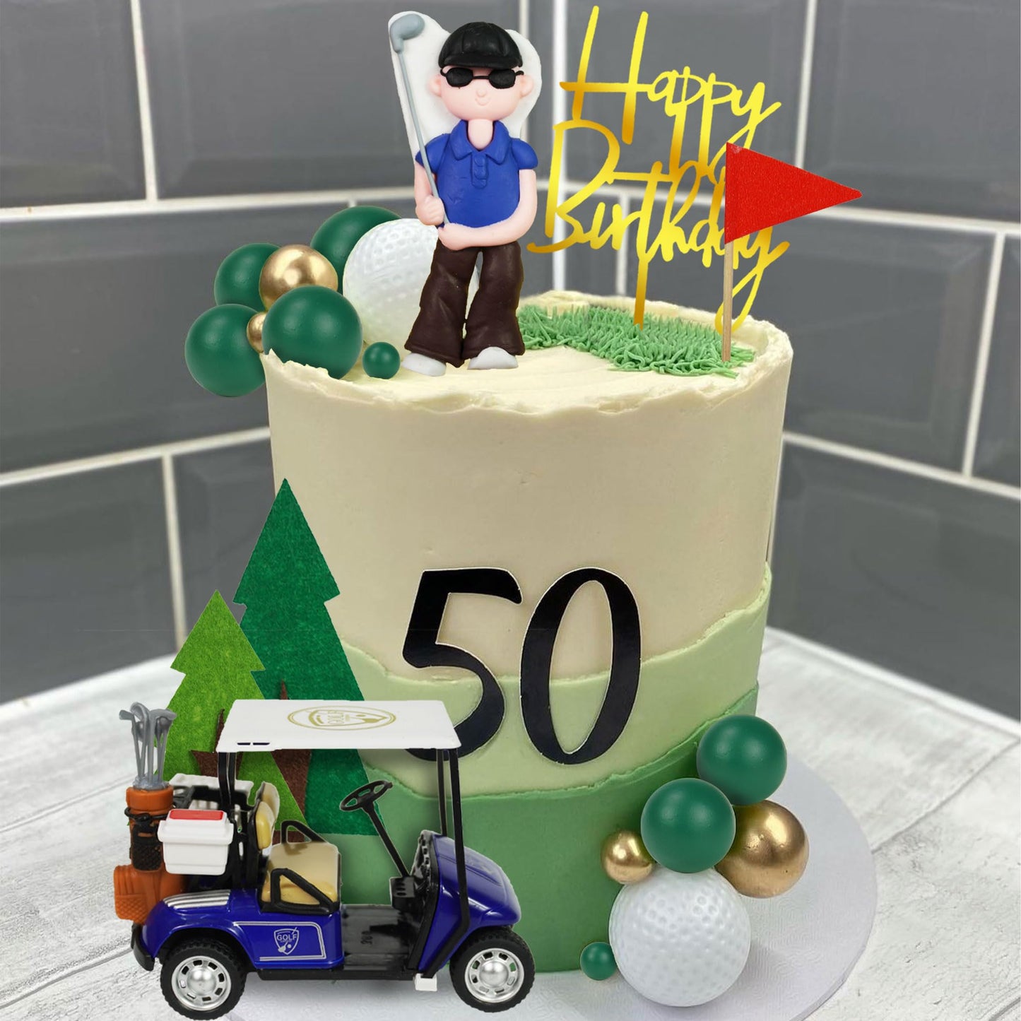 Golf Cake Toppers Golf Carts Clay Golf Figurine Cake Decorations with Green Gold Balls Red Flag Trees for Golf Sport Theme Birthday Supplies (01)