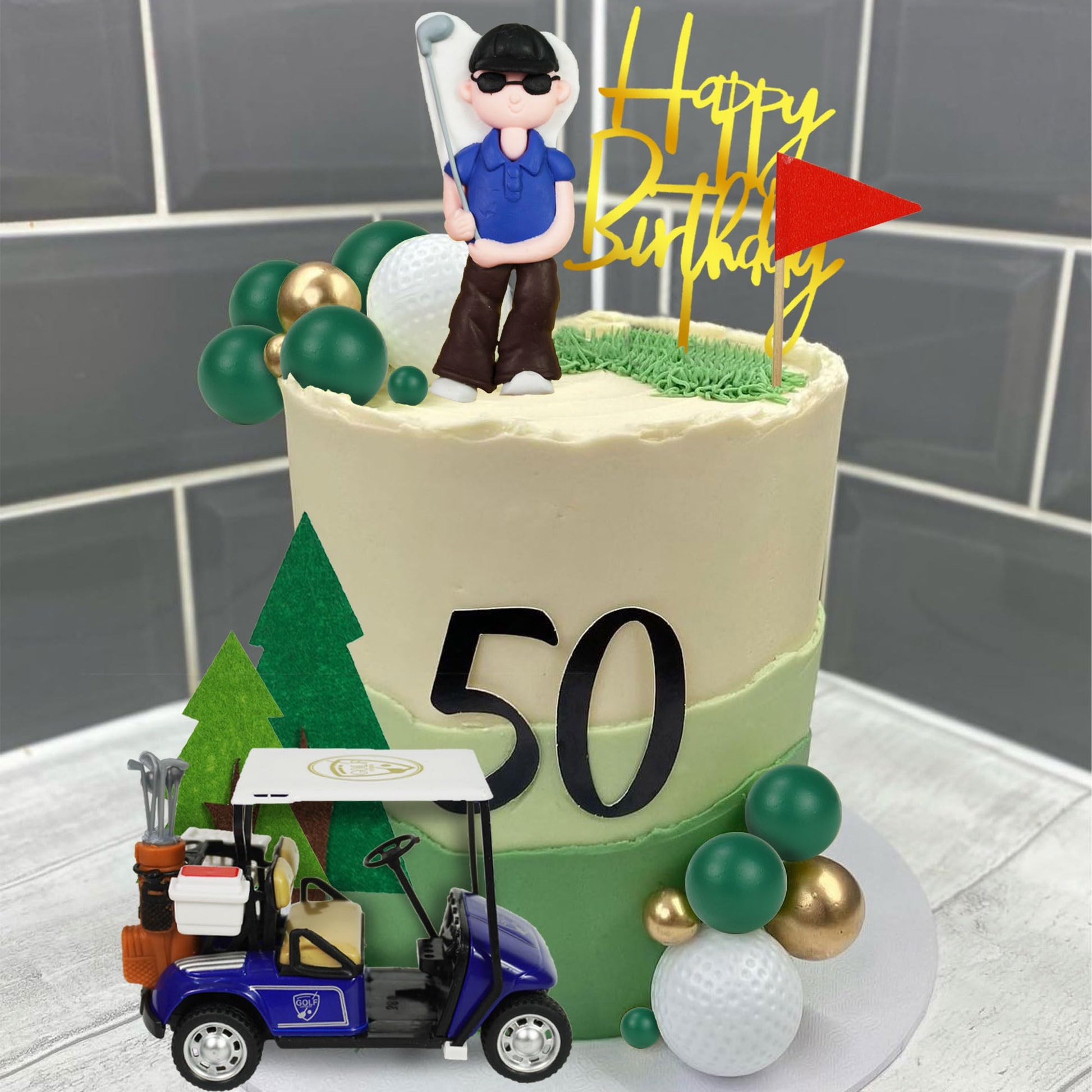 Golf Cake Toppers Golf Carts Clay Golf Figurine Cake Decorations with Green Gold Balls Red Flag Trees for Golf Sport Theme Birthday Supplies (01)
