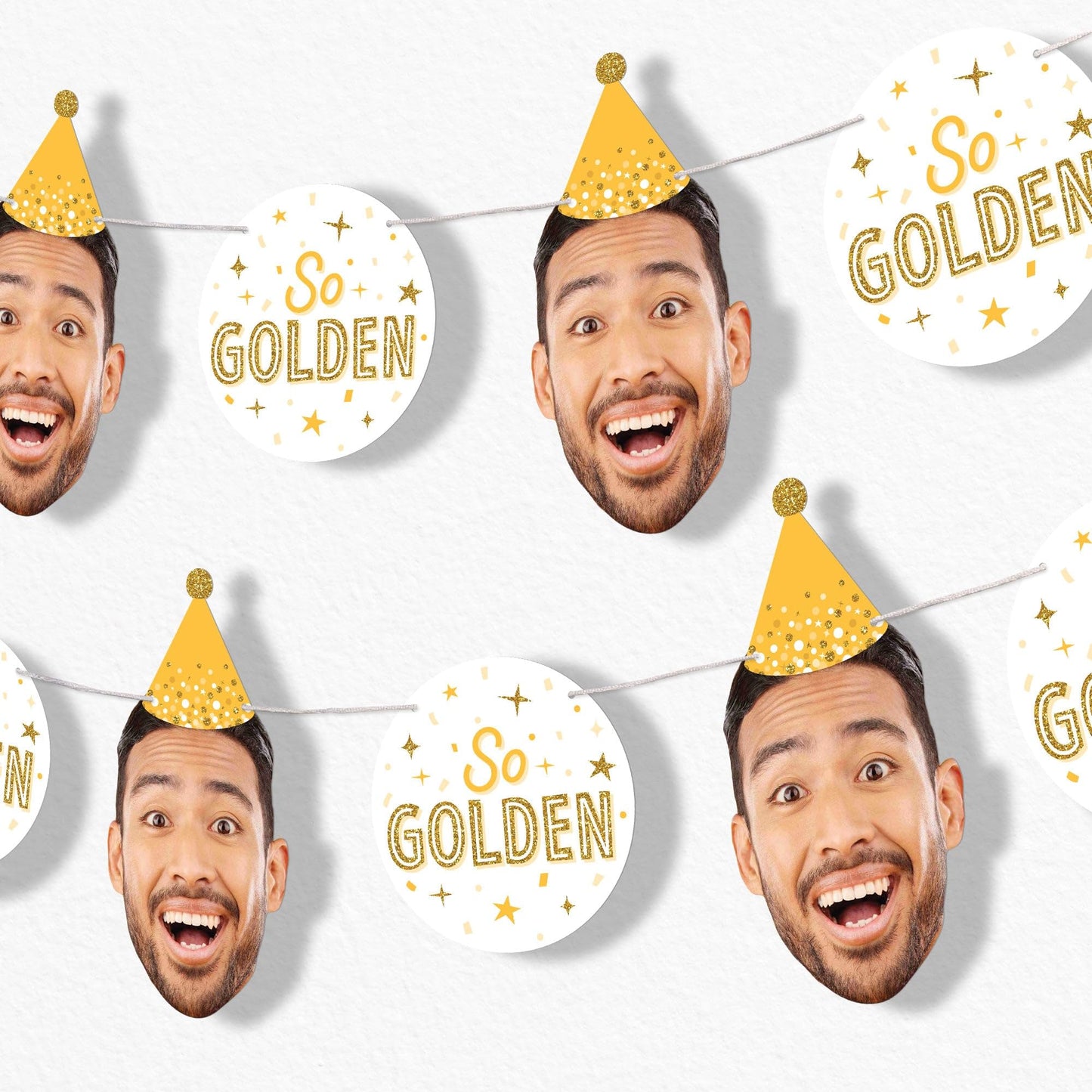 Big Dot of Happiness Custom Golden Birthday Face Cut Out Garland Banner, Personalized Yellow Birthday Party Decor, 30 Feet of Cord, 5 Photo Face