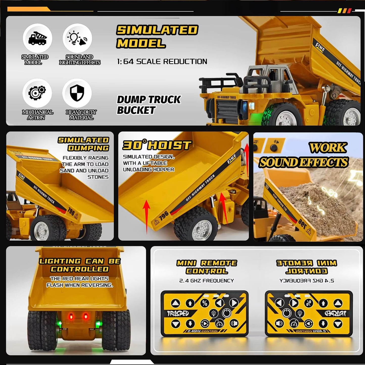 PLIXYRCPL 1:64 Mini RC Dump Truck Toy, Alloy Metal Construction Vehicle with App & Remote Dual Control, Variable Speed, LED Lights & Sound, RC