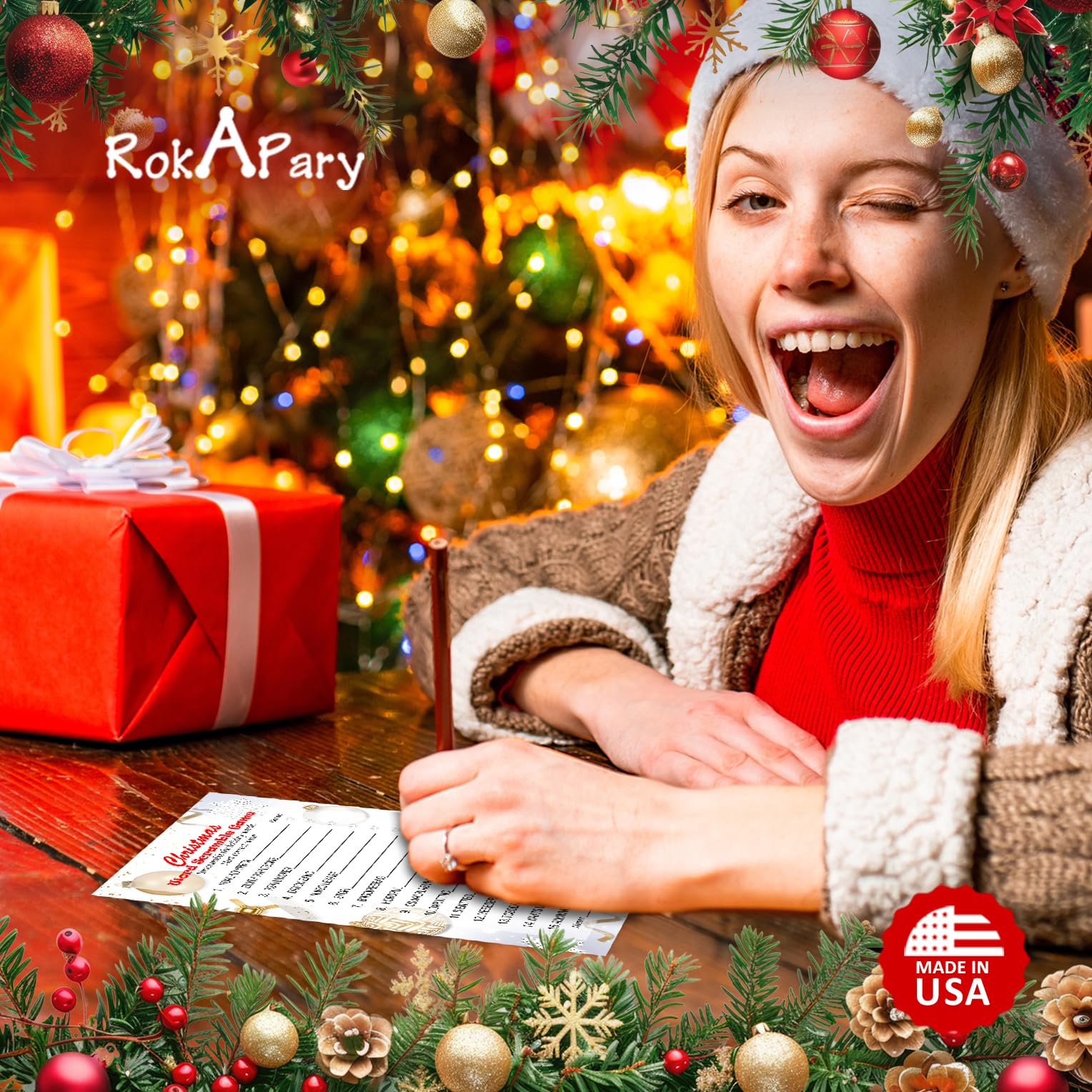 RokAPary Christmas Word Scramble Game, Christmas Holiday Party Ideas, Play Pack of 30 Cards 5”x7”. Made in USA