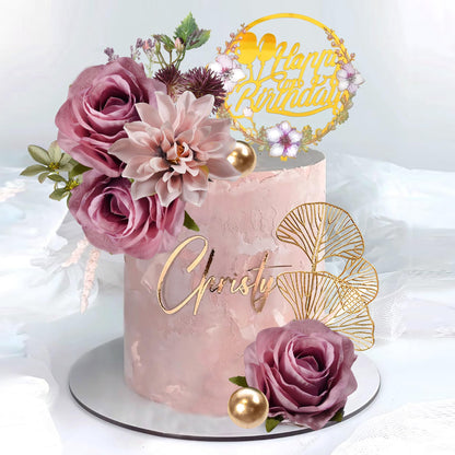 Flower Cake Toppers Happy Birthday Cake Toppers with Artificial Purple Rose Flowers Eucalyptu Leaves for Wedding Supplies (Purple)