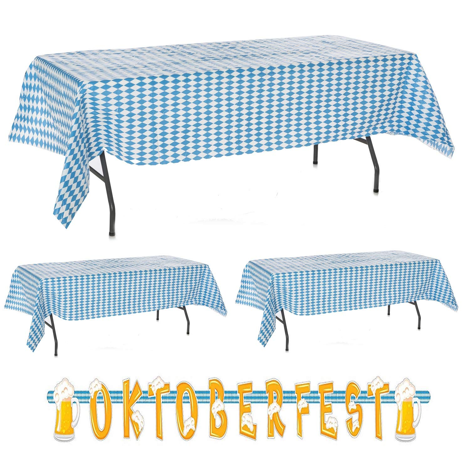 Oojami Oktoberfest Decorations Set - 3 Large 54" x 108" Blue and White Checkered Tablecloths for 8-Chair Tables & Oktoberfest Banner, Bavarian German