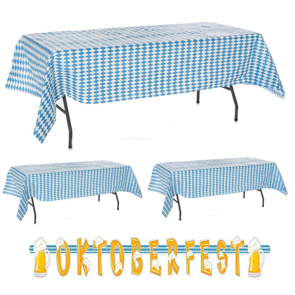 Oojami Oktoberfest Decorations Set - 3 Large 54" x 108" Blue and White Checkered Tablecloths for 8-Chair Tables & Oktoberfest Banner, Bavarian German