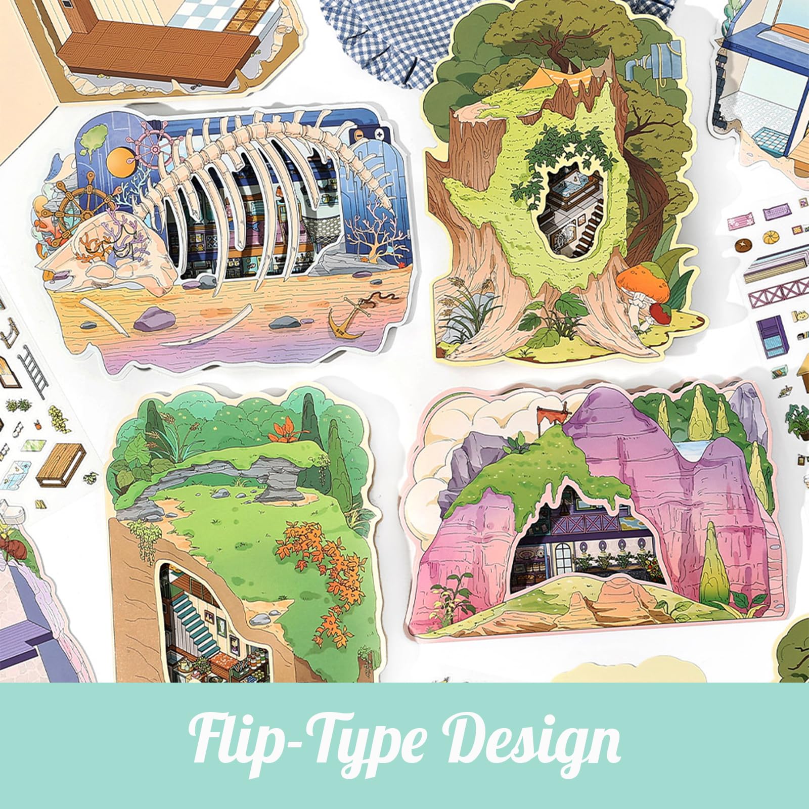 Flip-Type Design Scene Sticker, Secret Base Theme Double-Layer House & Room Isometric Miniature Creative Play Kits with Background Card & Tweezer