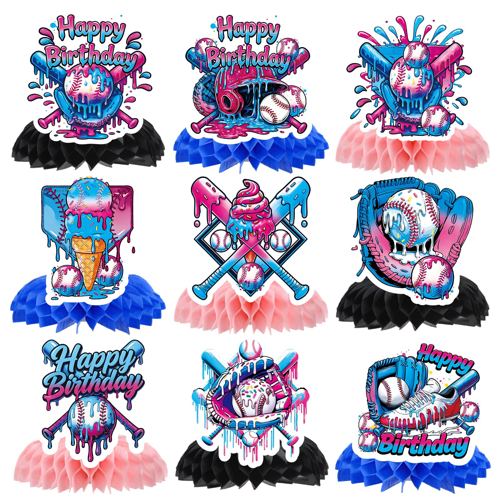 Musaeva Baseball Drip Birthday Party Decorations - 9 Pcs Baseball Ice Cream Drip Honeycomb Centerpieces Decorations, Black and Pink Ice Cream Drip