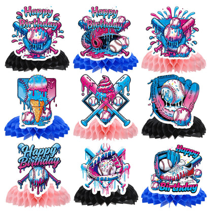 Musaeva Baseball Drip Birthday Party Decorations - 9 Pcs Baseball Ice Cream Drip Honeycomb Centerpieces Decorations, Black and Pink Ice Cream Drip