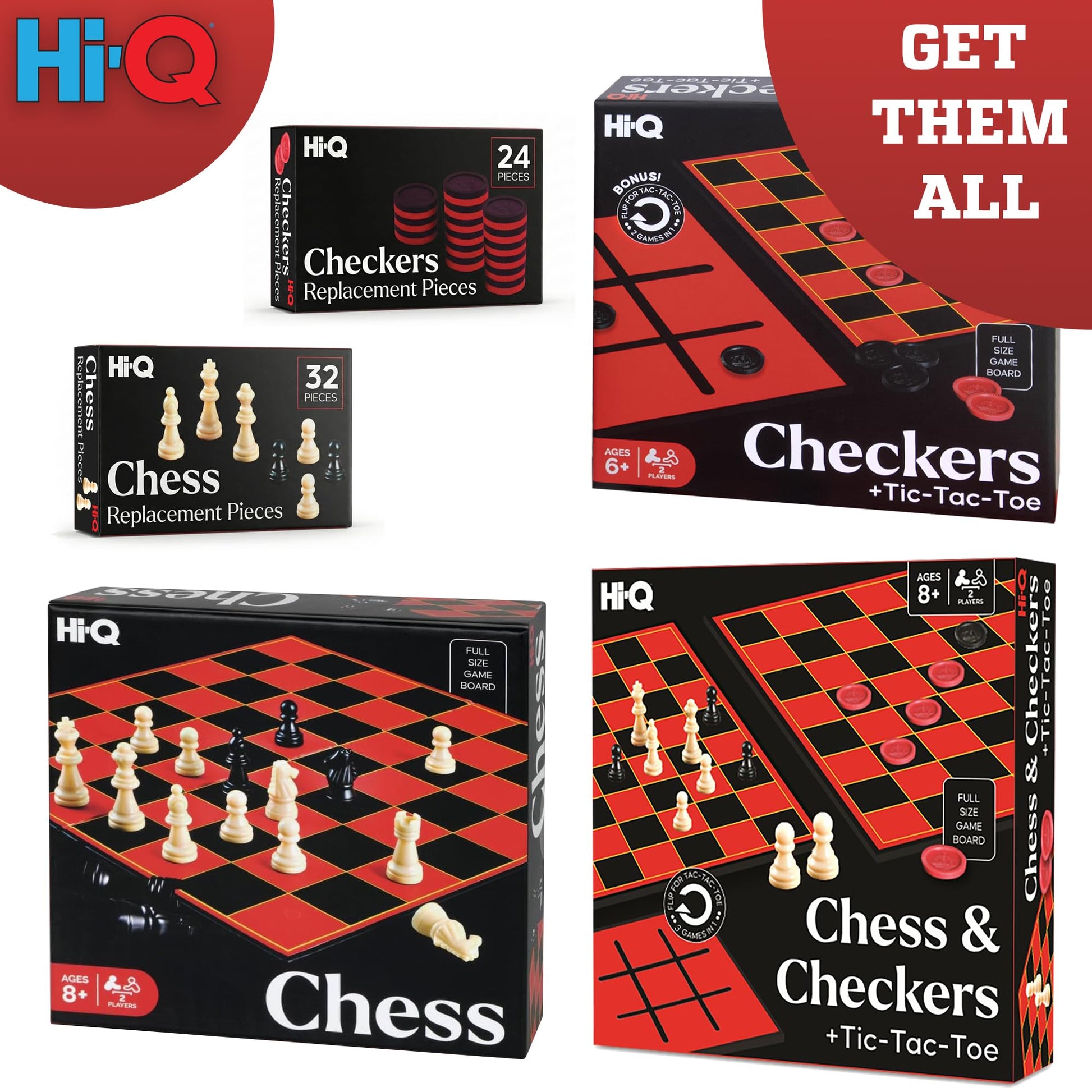 HI-Q Checkers & Tic-Tac-Toe Board Game Set - Classic Strategy for Kids & Family - Features Interlocking Stacking Pieces & Folding Board - Ages 6+