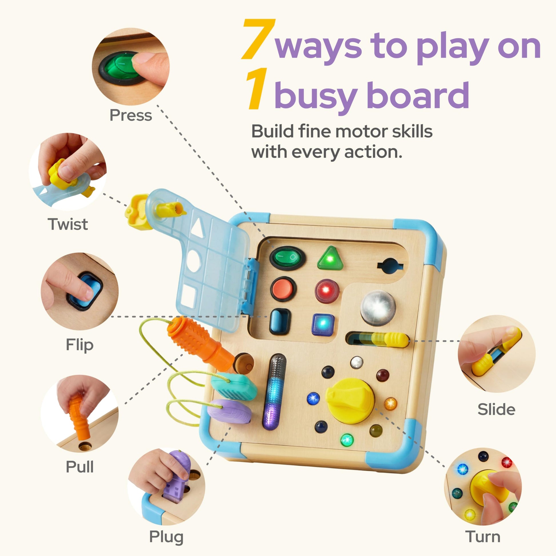 lalalark Busy Board with 15 LED Light - Montessori Learning Toddler Toy with 9 Sounds, 5 Switches & Plugs, Travel Toys Sensory Activity Board for 1 2