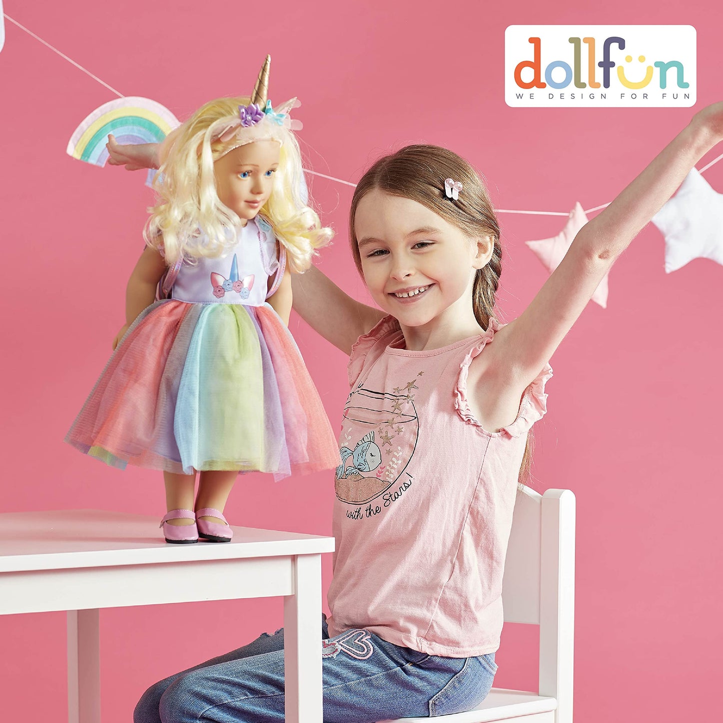 DOLLFUN 18 inch Doll Clothes and Accessories, Unicorn Dress Set Includes Shoes, Unicorn Headbands & Backpack(Compatibie with Most 18 Inch Doll)
