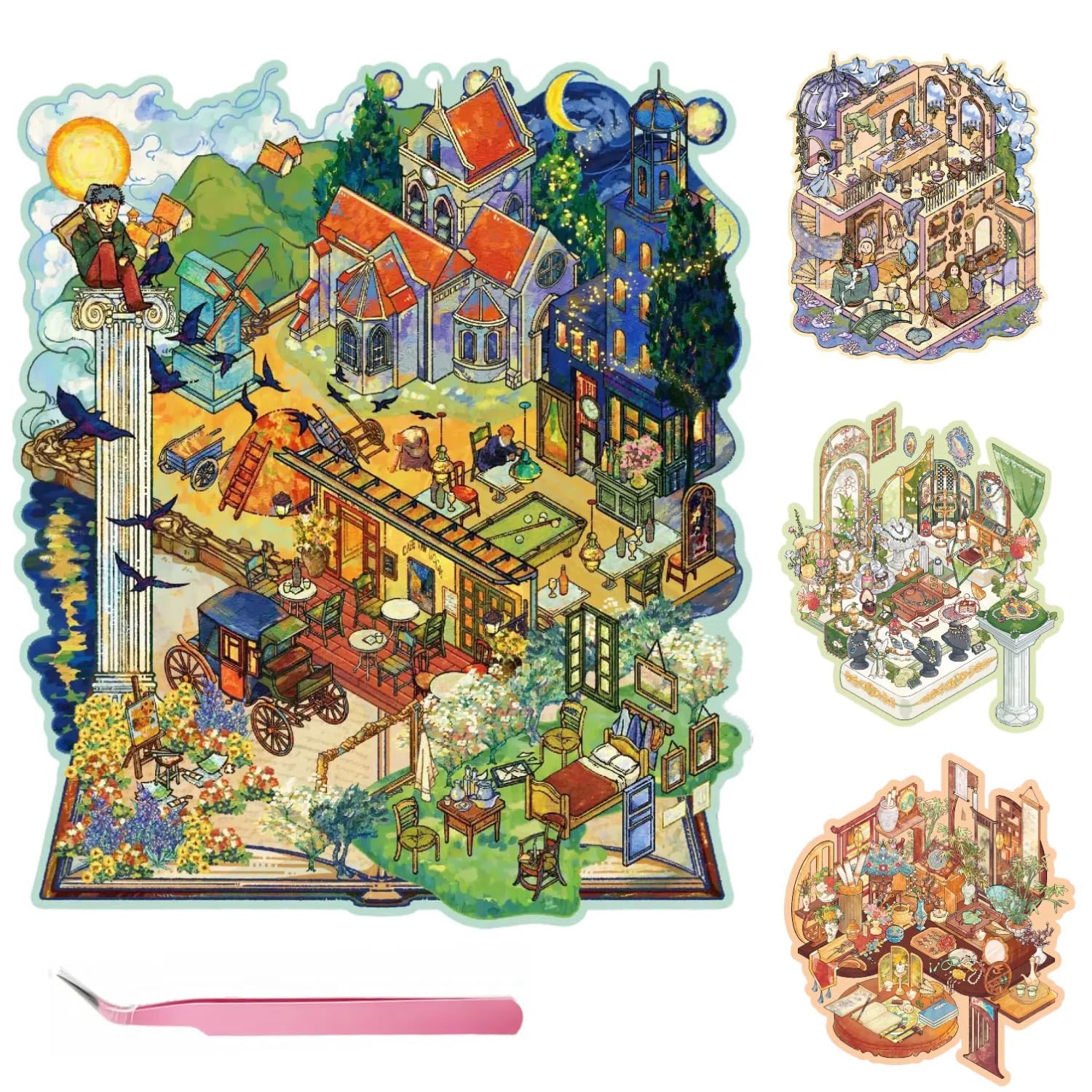 4 Sets 3D Scene Stickers for Adults & Teens - Large-Size Miniature Room Scene Stickers for Stress Relief, with 1 Tweezer | Oil Painting Style: Van