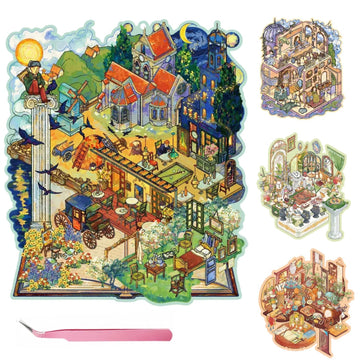 4 Sets 3D Scene Stickers for Adults & Teens - Large-Size Miniature Room Scene Stickers for Stress Relief, with 1 Tweezer | Oil Painting Style: Van