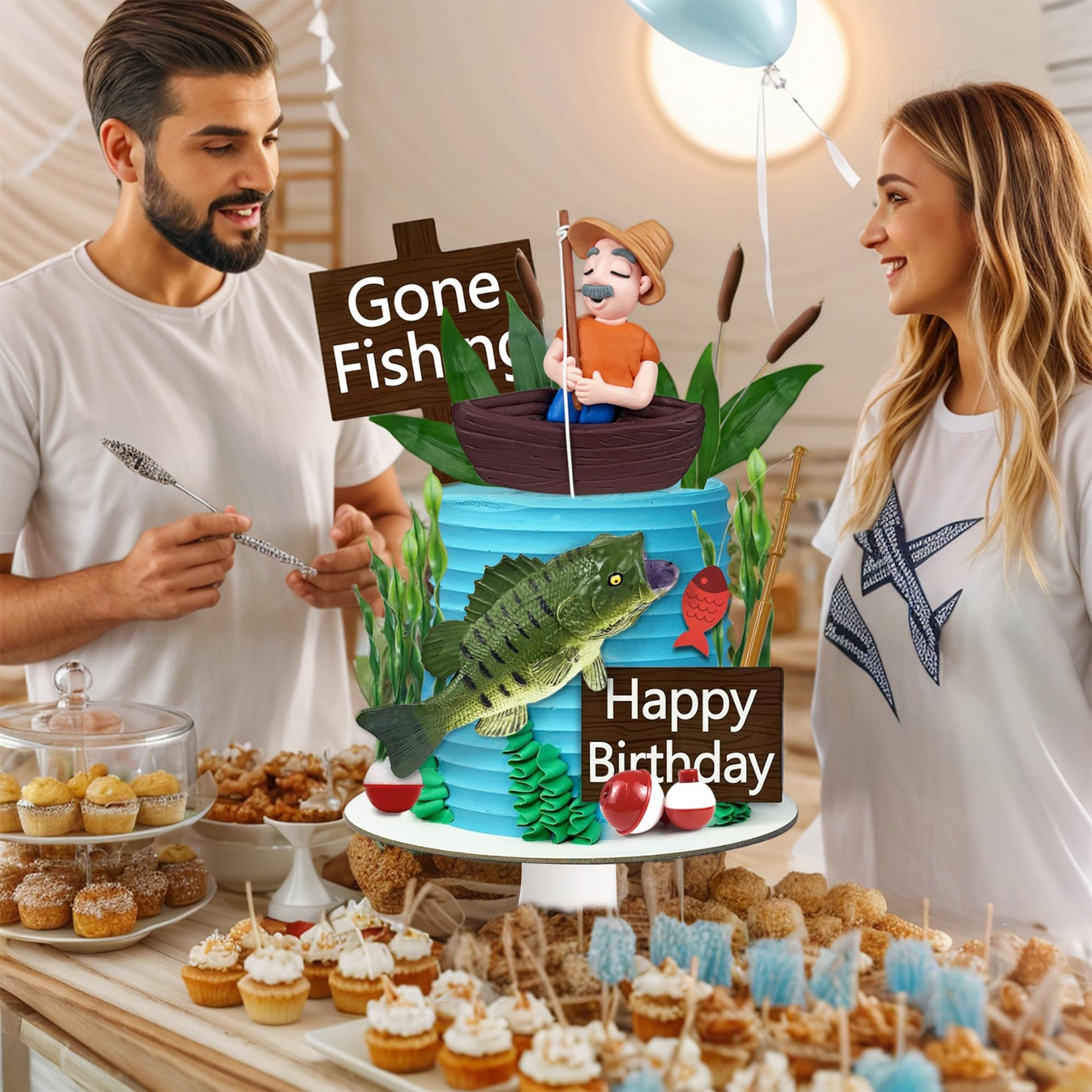 21 PCS Gone Fishing Cake Toppers Fisherman Fish Cake Decoration for Gone Fishing Themed Party Supplies Decor