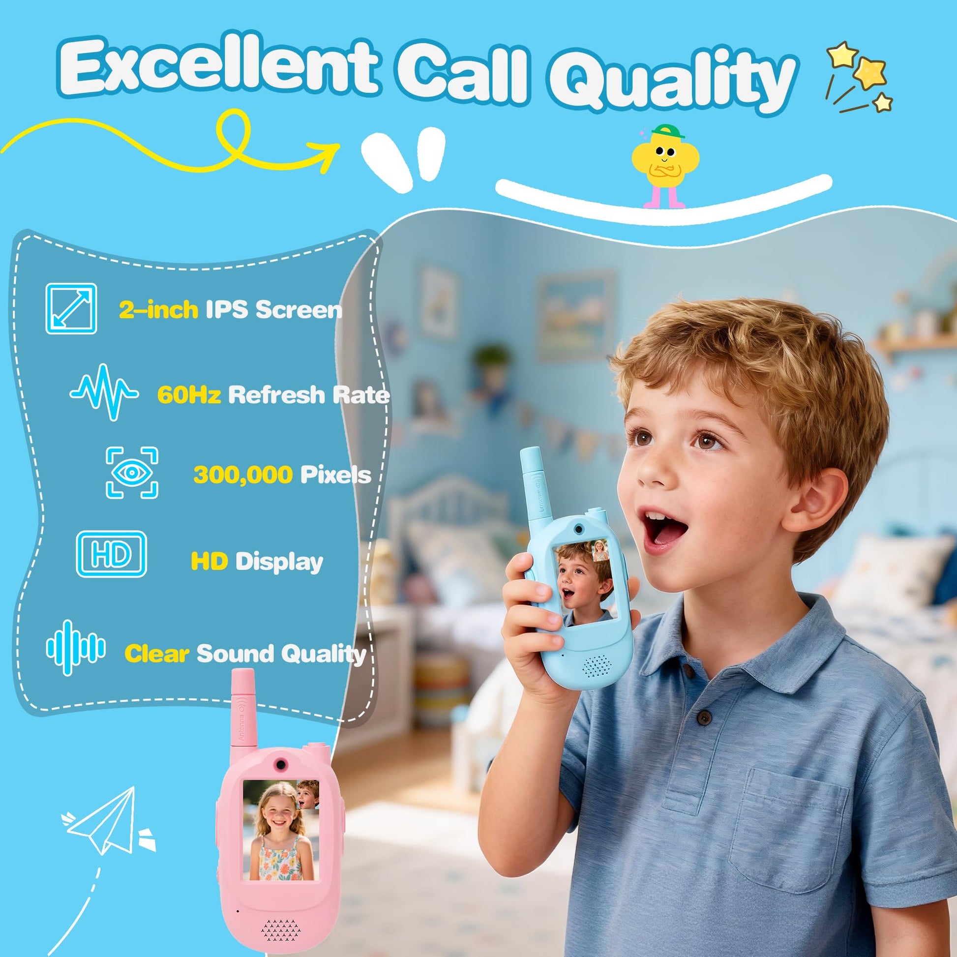 Video Walkie Talkies for Kids, Blue/Pink 2 Pack 1000 mAh Rechargeable Long Range Video walkie talkies, 3 Wearing Options Indoor Outdoor Toys for