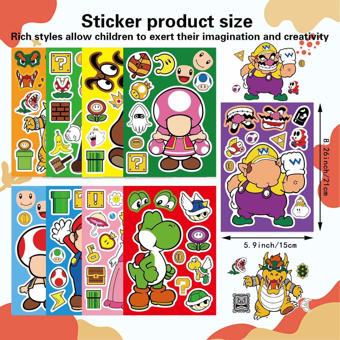 36 Sheets Mario Make a Face Stickers, Cartoon Book Crafts, DIY Party Supplies Favors Your Own Mixed and Matched with Different Designs Characters